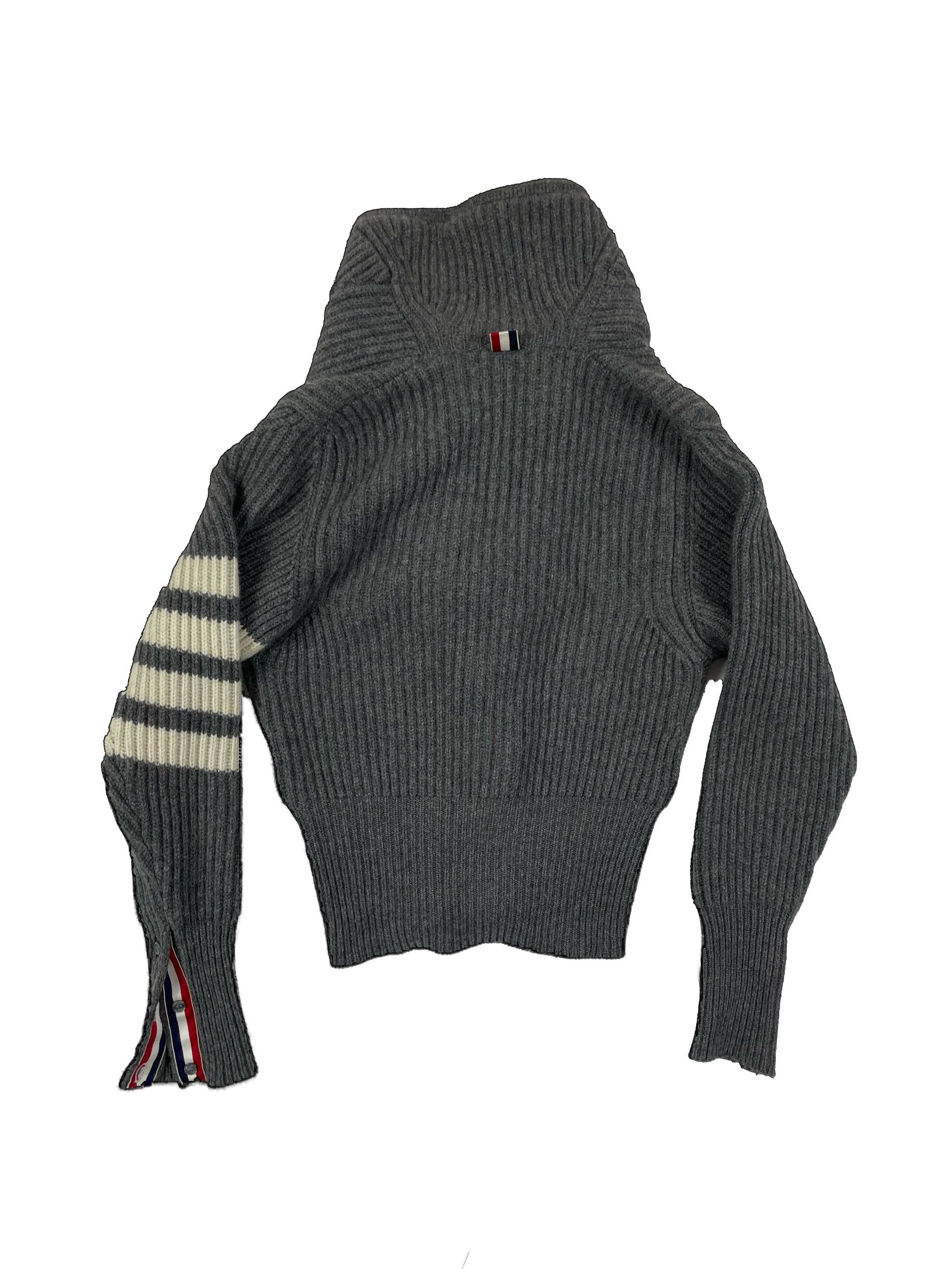 4-Bar cream stripe sleeve on Thom Browne grey cashmere cardigan