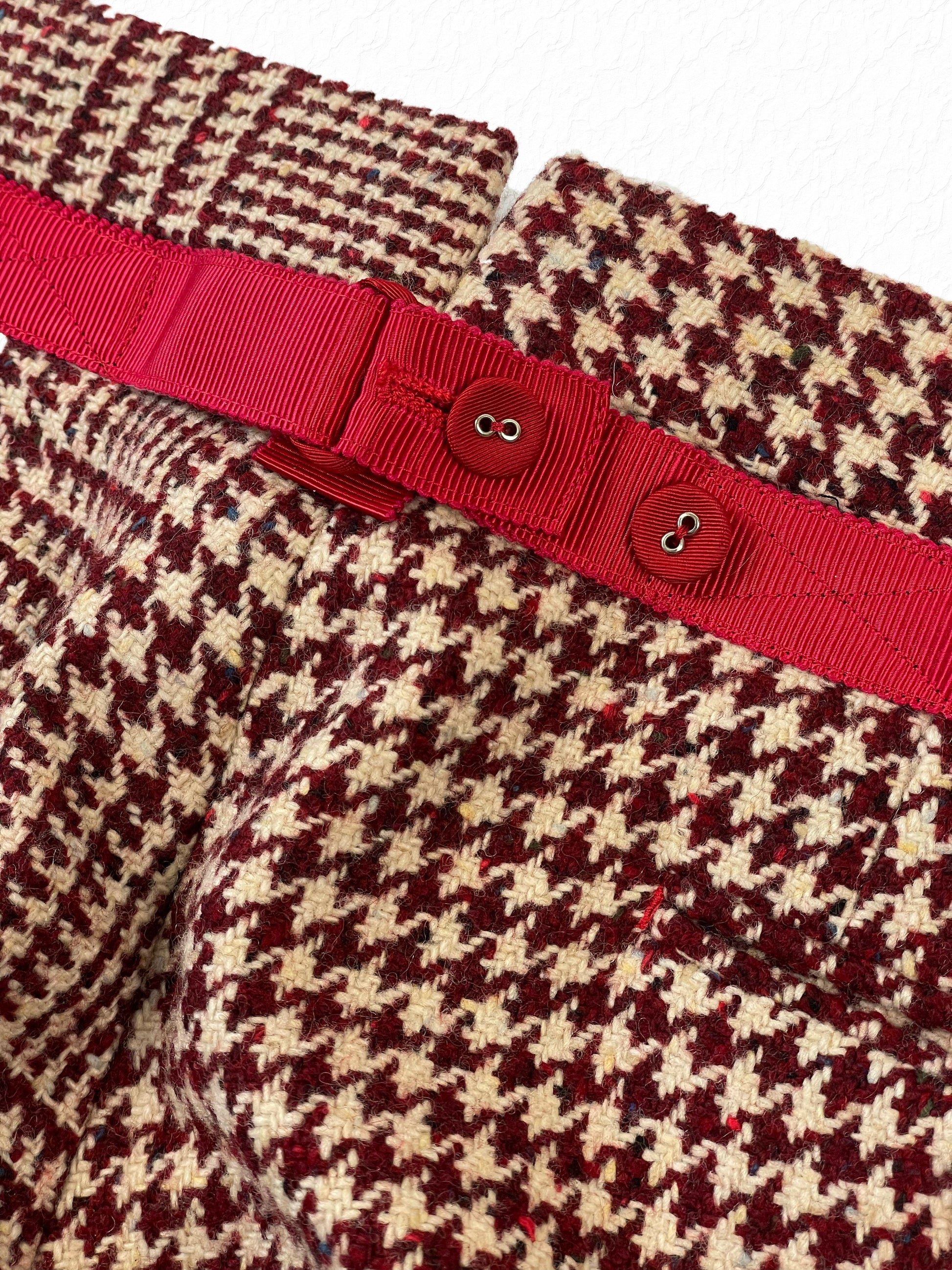 Bespoke Thom Browne houndstooth tweed trousers with red backstrap