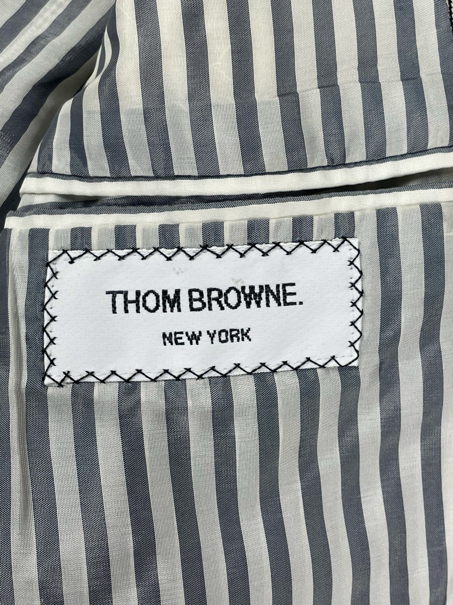 Thom Browne New York label on striped lining wool sport coat