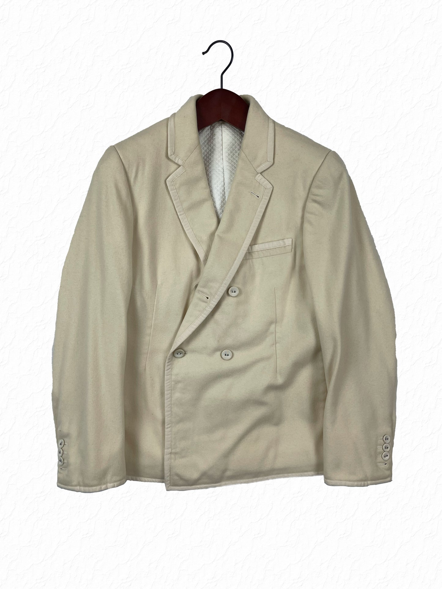 Thom Browne cream cashmere double breasted blazer with peak lapels