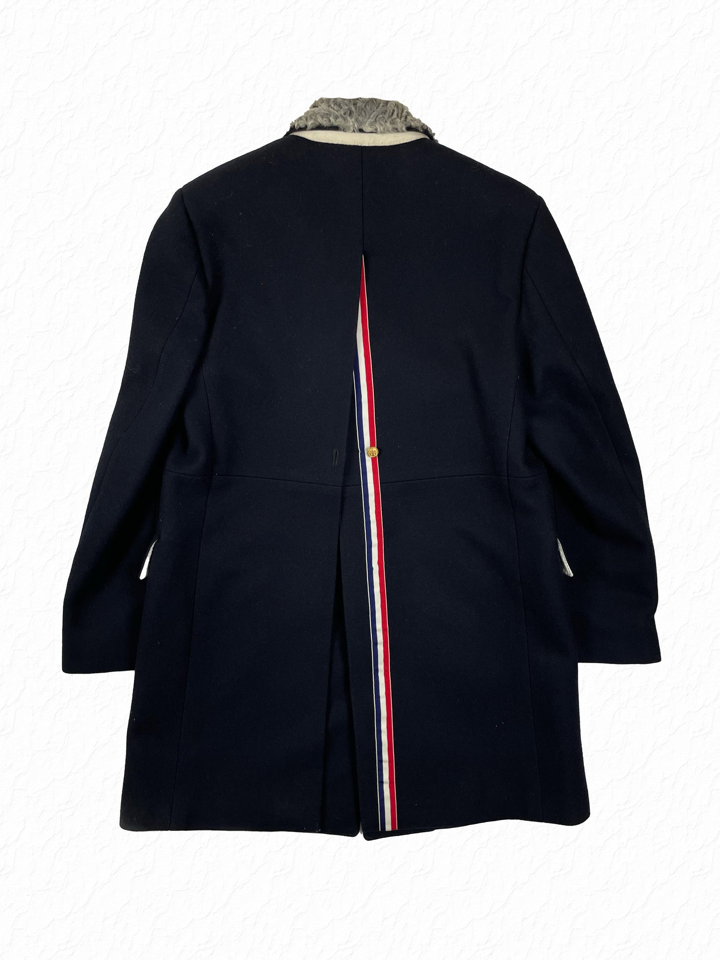 Ultra high center vent with RWB grosgrain stripe on Thom Browne Chesterfield