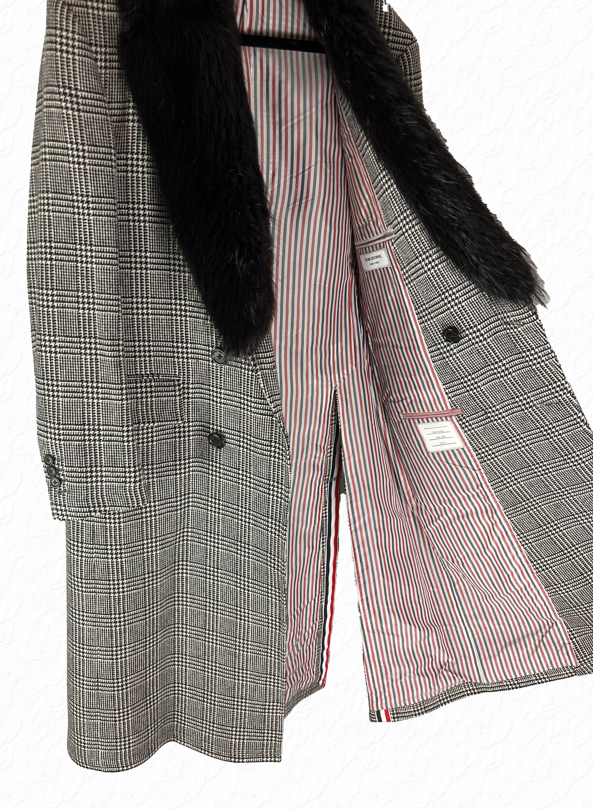 Thom Browne red white blue grosgrain striped lining wool overcoat