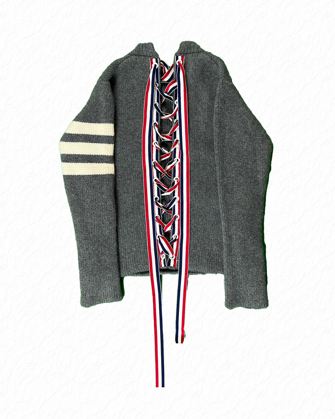 Thom Browne 6-ply grey cashmere sweater with red white blue grosgrain corset lacing