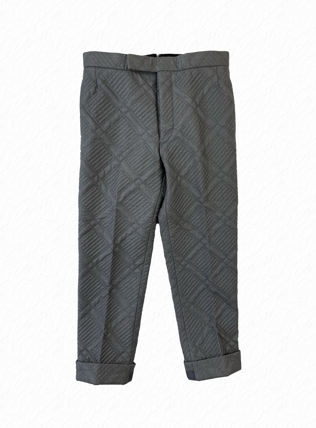 Thom Browne diamond quilted grey wool trousers with cropped grosgrain cuffs