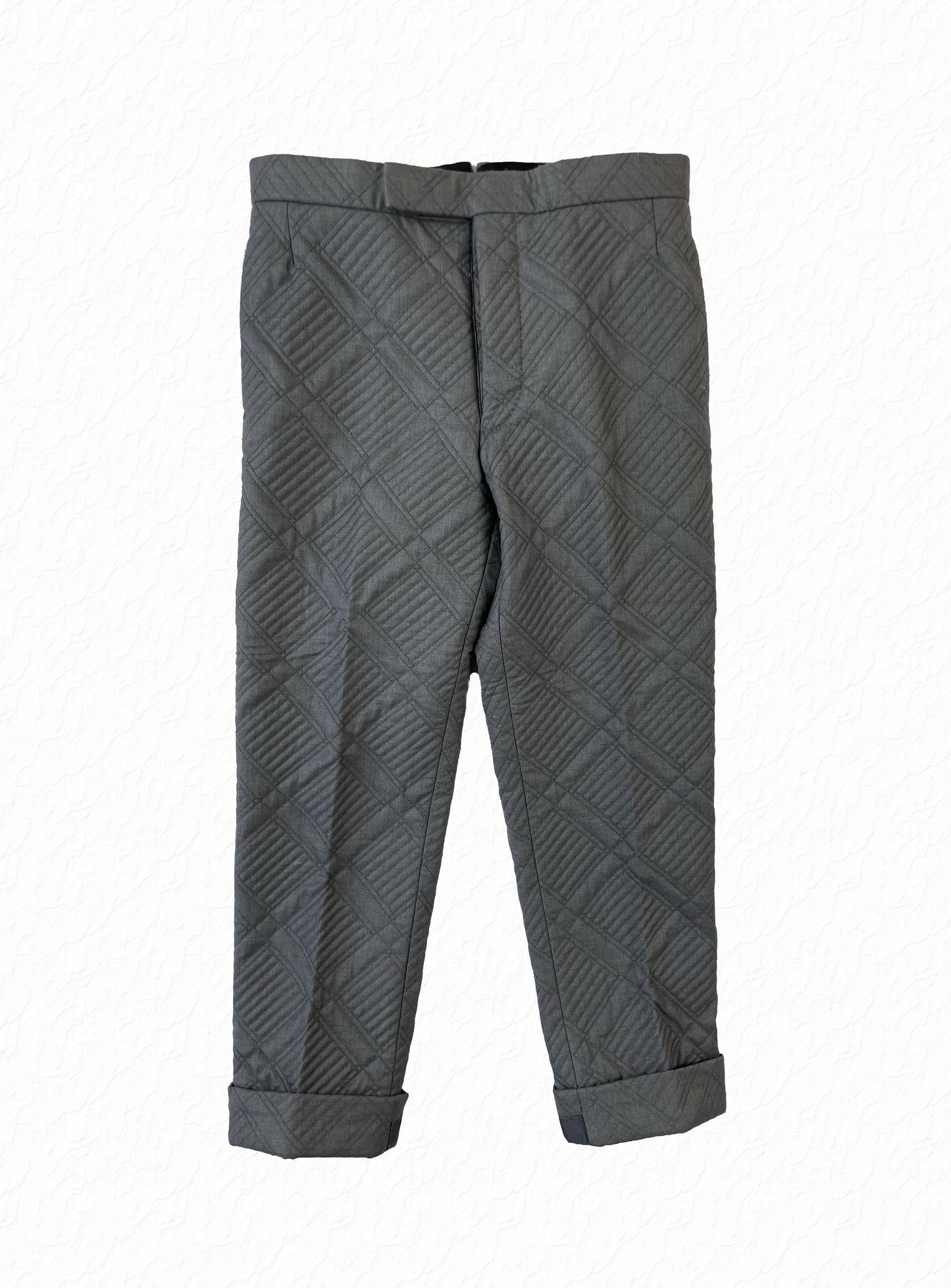 Thom Browne diamond quilted grey wool trousers with cropped grosgrain cuffs