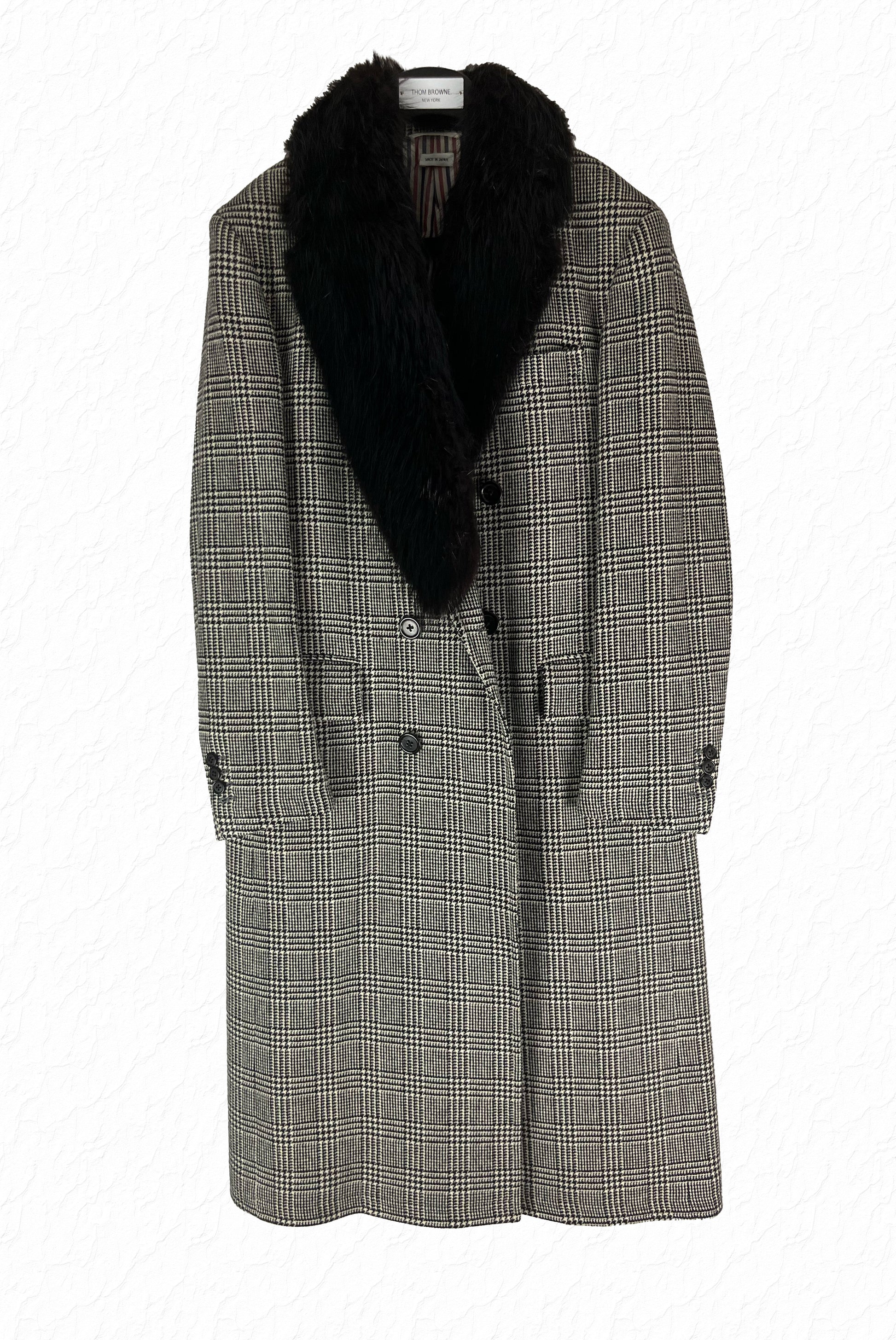Thom Browne glen plaid double breasted overcoat with black beaver fur collar