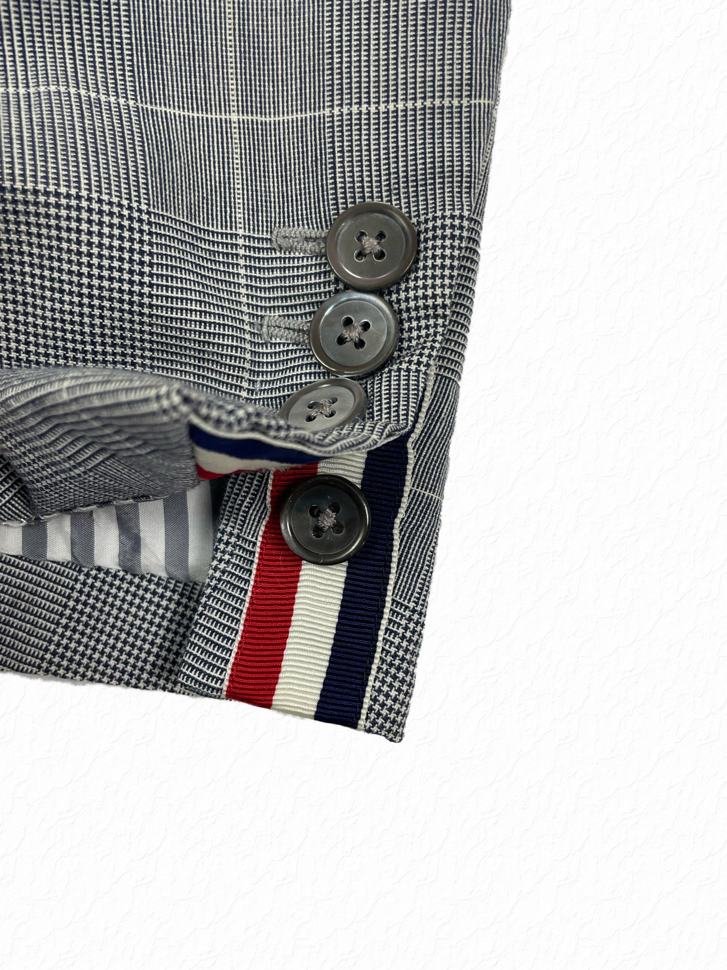 RWB tricolor grosgrain trim on Thom Browne glen plaid cotton blazer