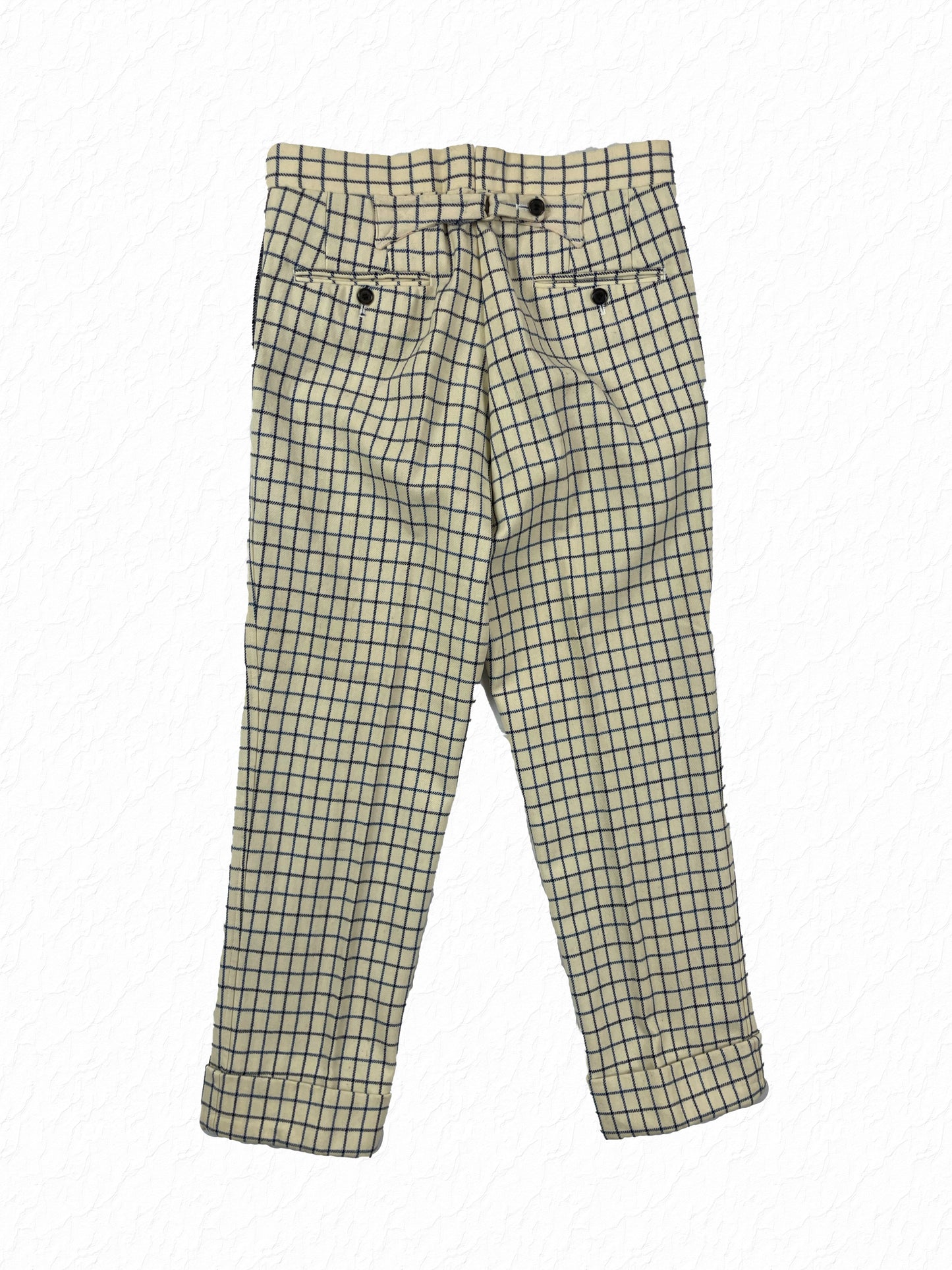Pleated Thom Browne trousers with cuffed hem in cream navy check