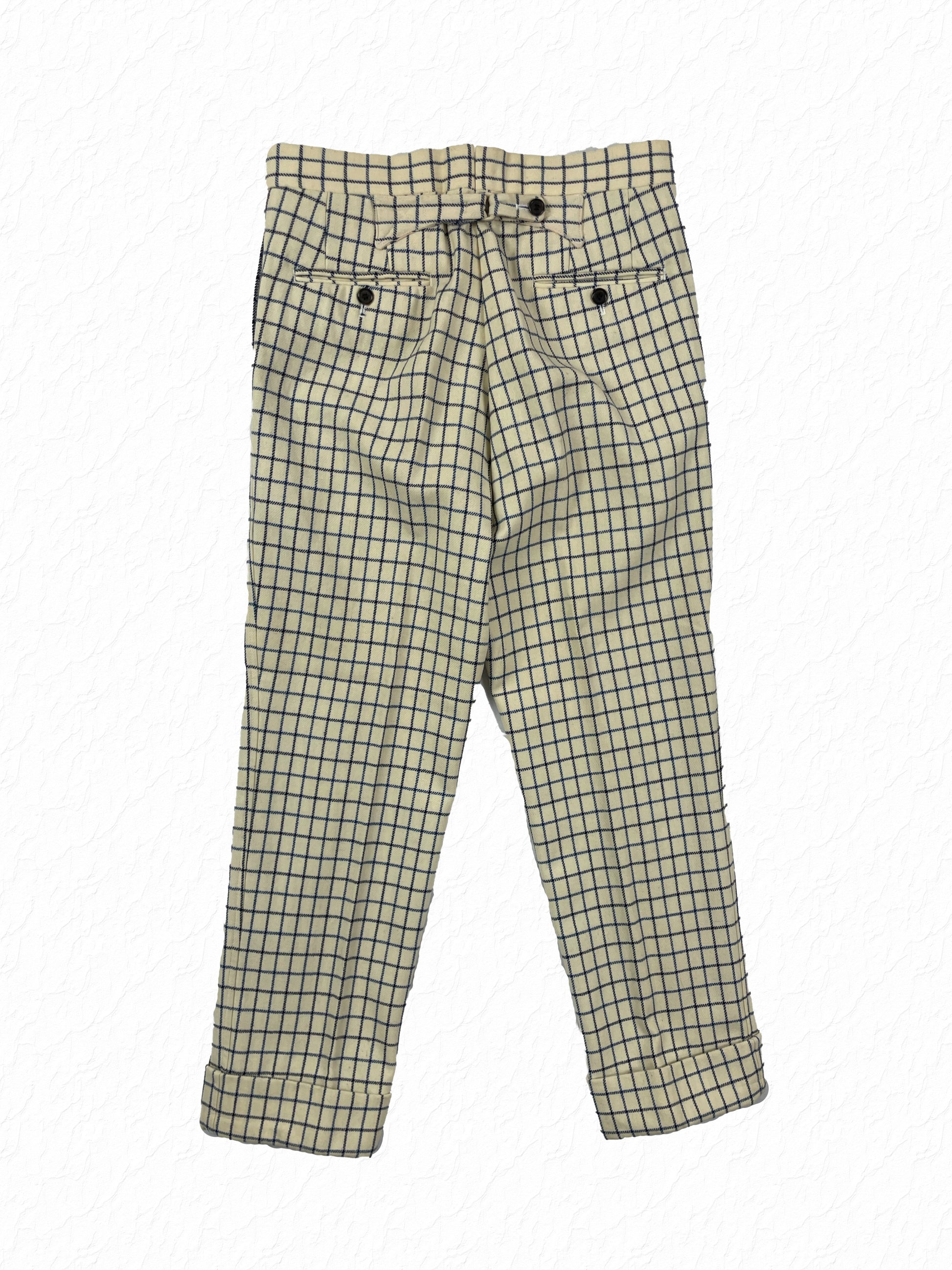 Pleated Thom Browne trousers with cuffed hem in cream navy check