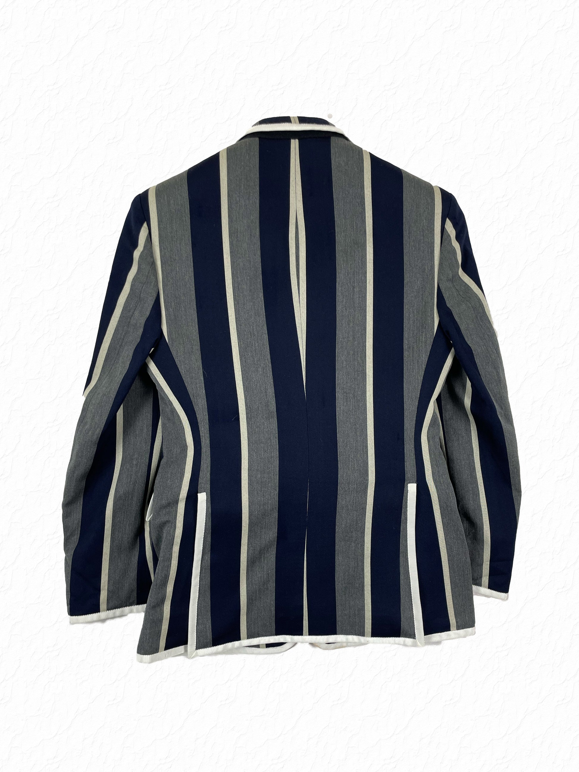 Navy and grey stripe wool blazer with white grosgrain tipping by Thom Browne