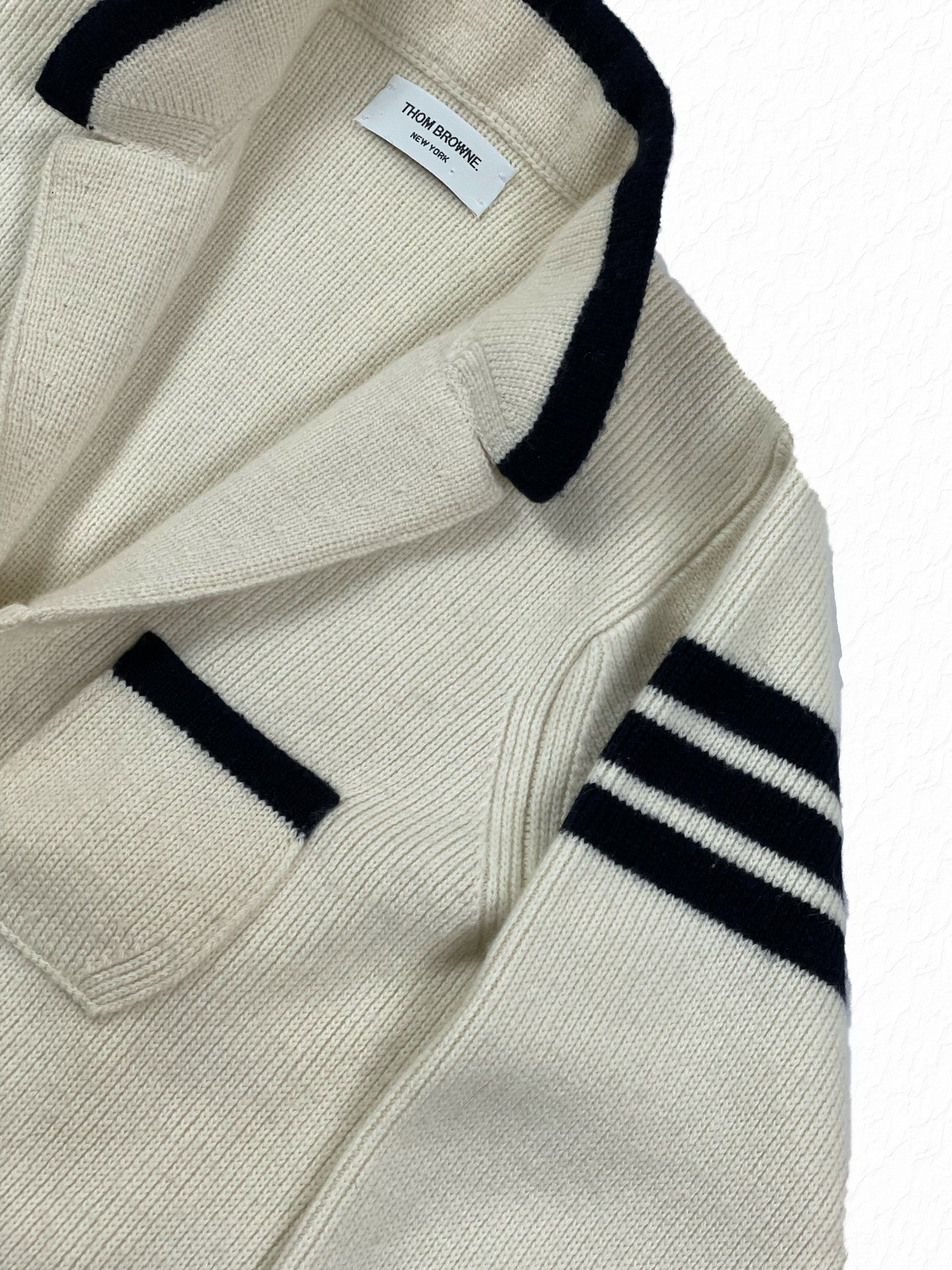Cream cashmere Thom Browne sport jacket with navy 4-Bar sleeve stripes