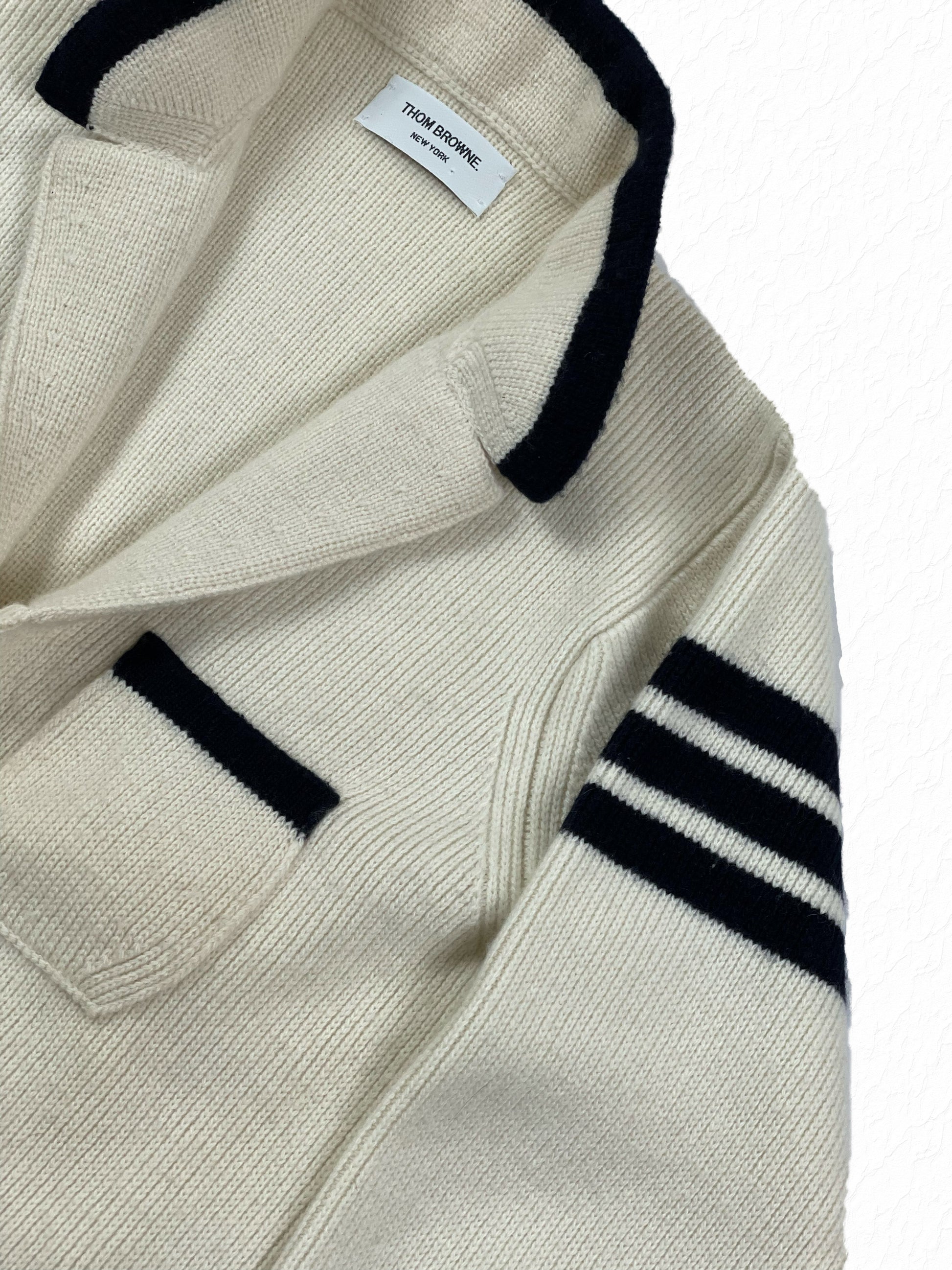Cream cashmere Thom Browne sport jacket with navy 4-Bar sleeve stripes