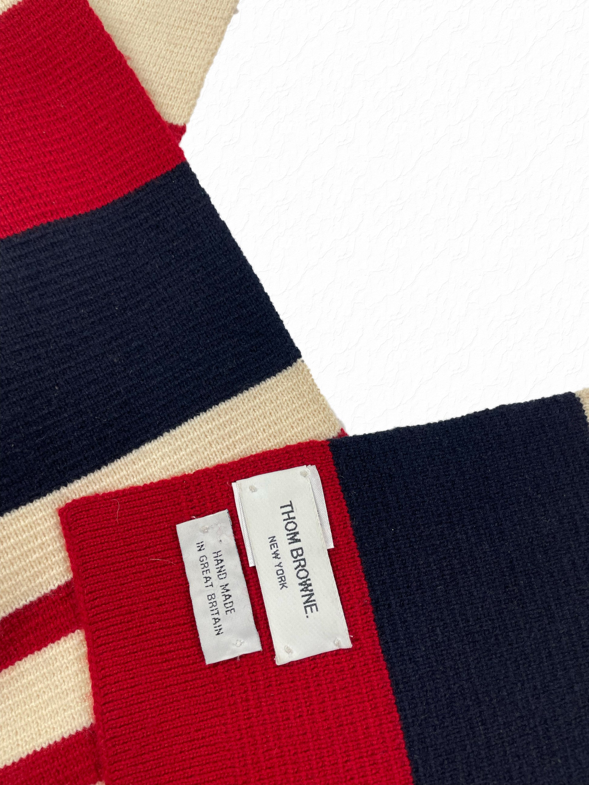 Signature RWB tricolor stripes on Thom Browne New York cashmere scarf