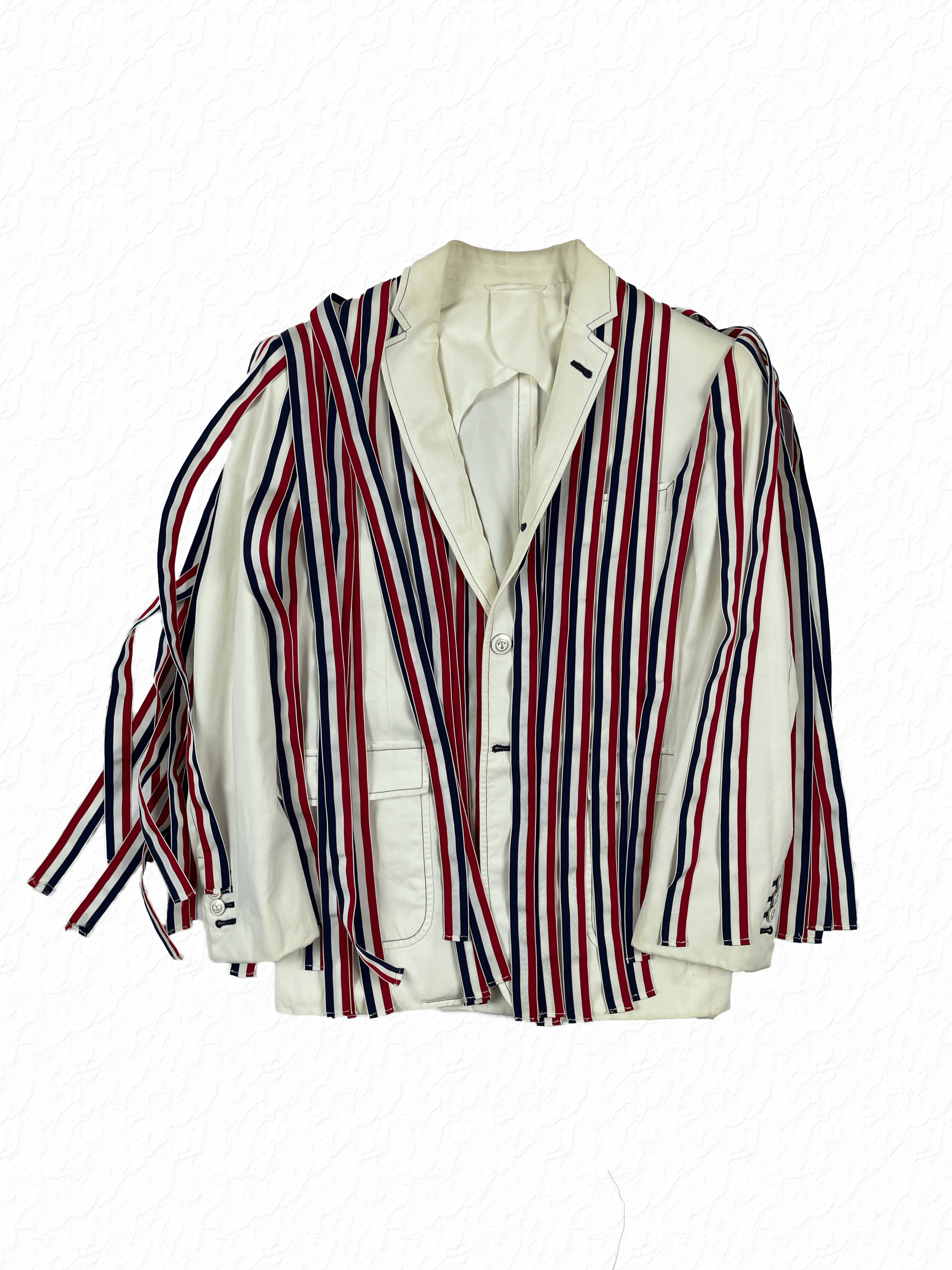 White Cotton Thom Browne Blazer with Tricolor Grosgrain Straps