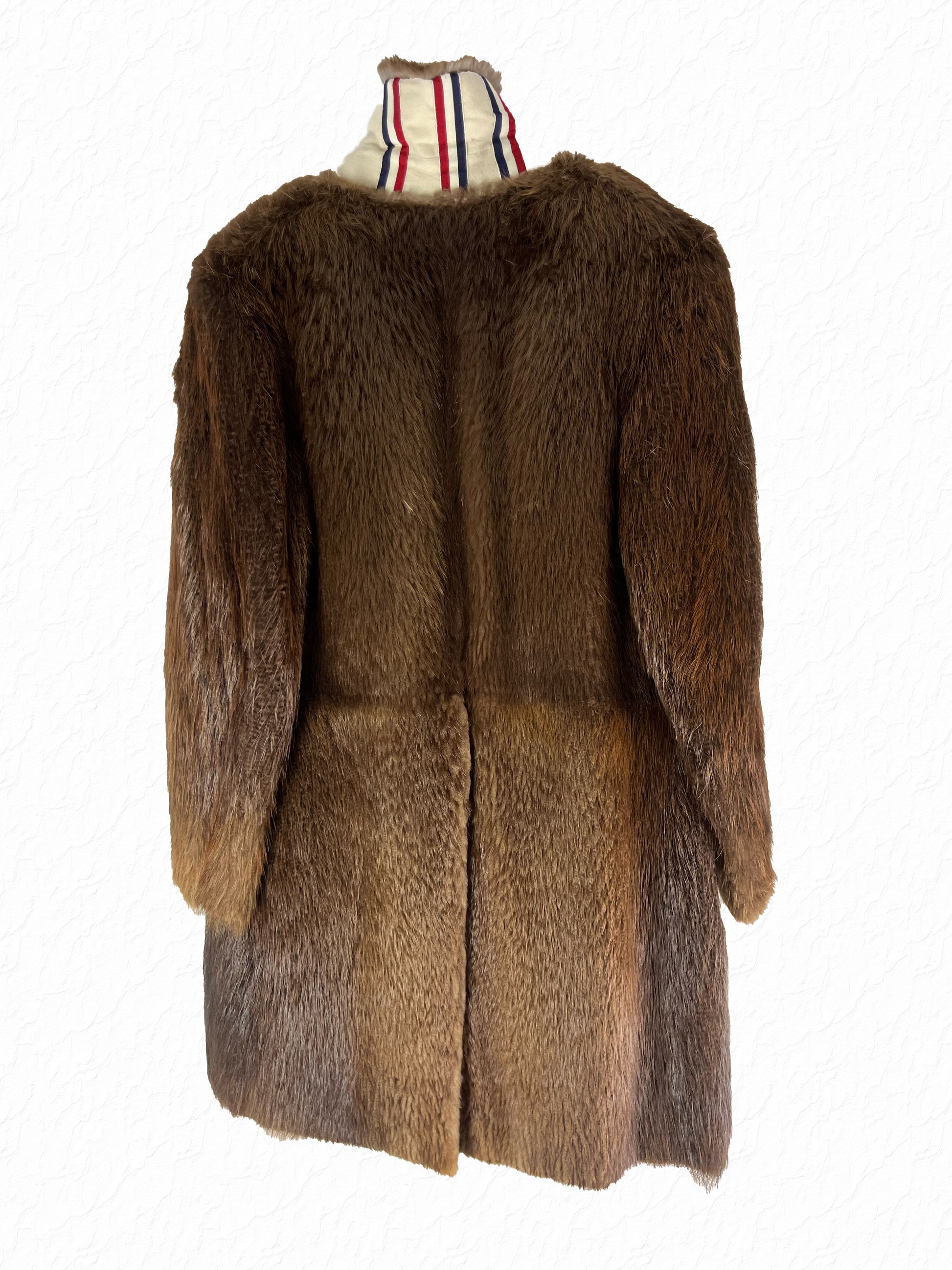 Beaver fur Chesterfield coat Thom Browne with blue striped cotton lining
