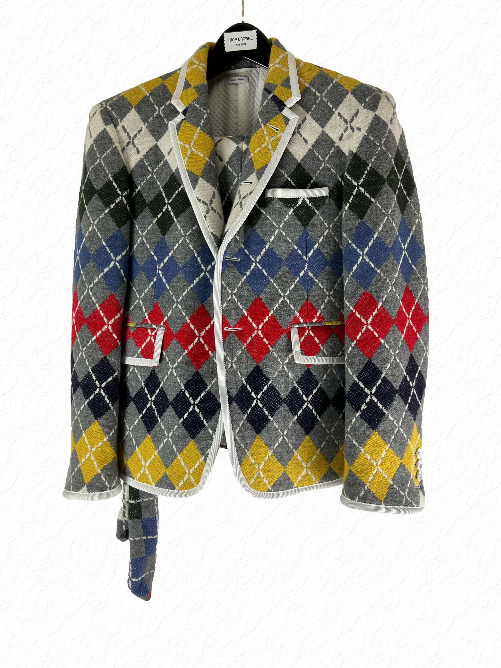 Thom Browne bespoke argyle cashmere blazer with white grosgrain tipping
