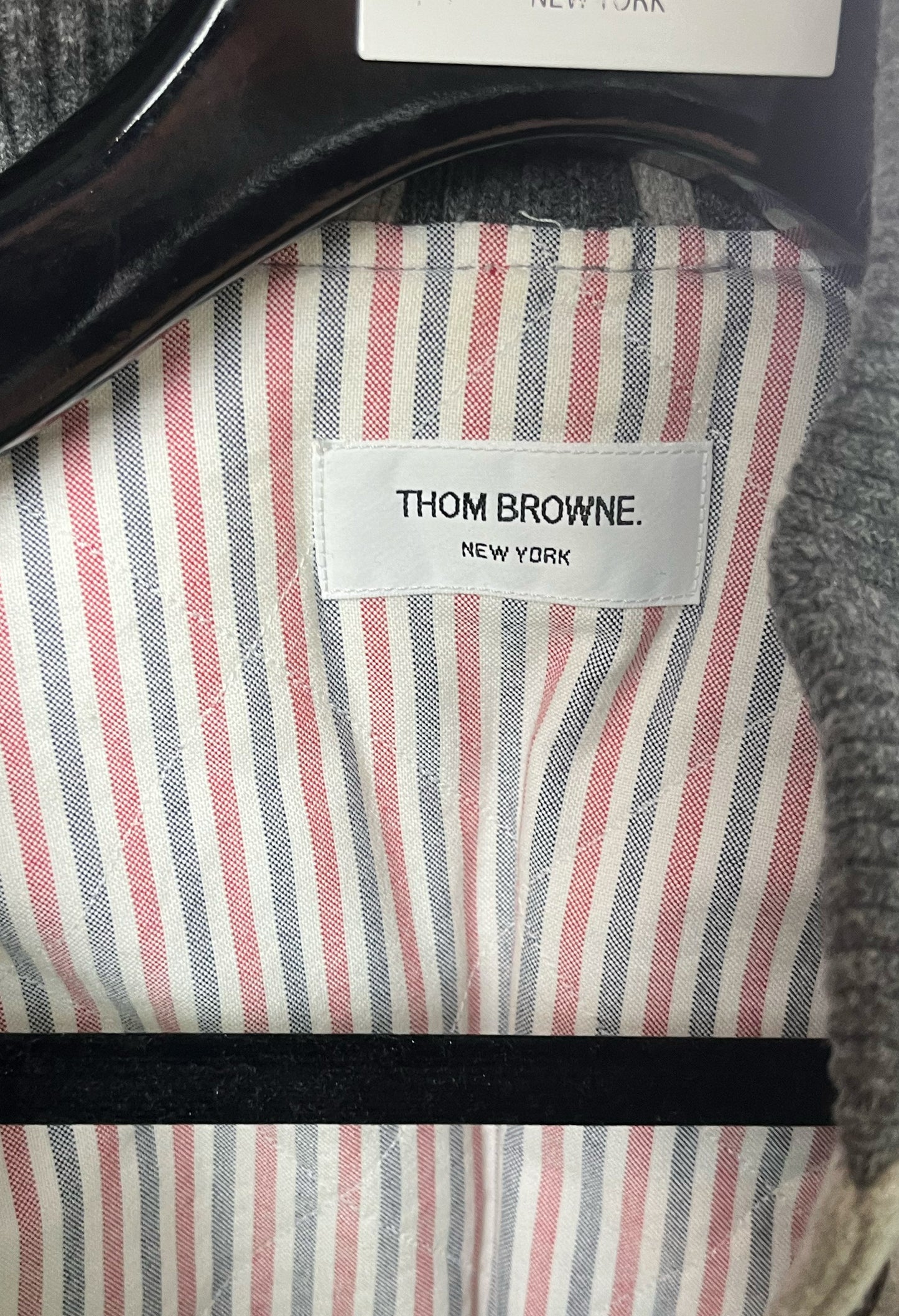 RWB Tricolor Grosgrain Tab on Thom Browne Wool Flannel Varsity Jacket