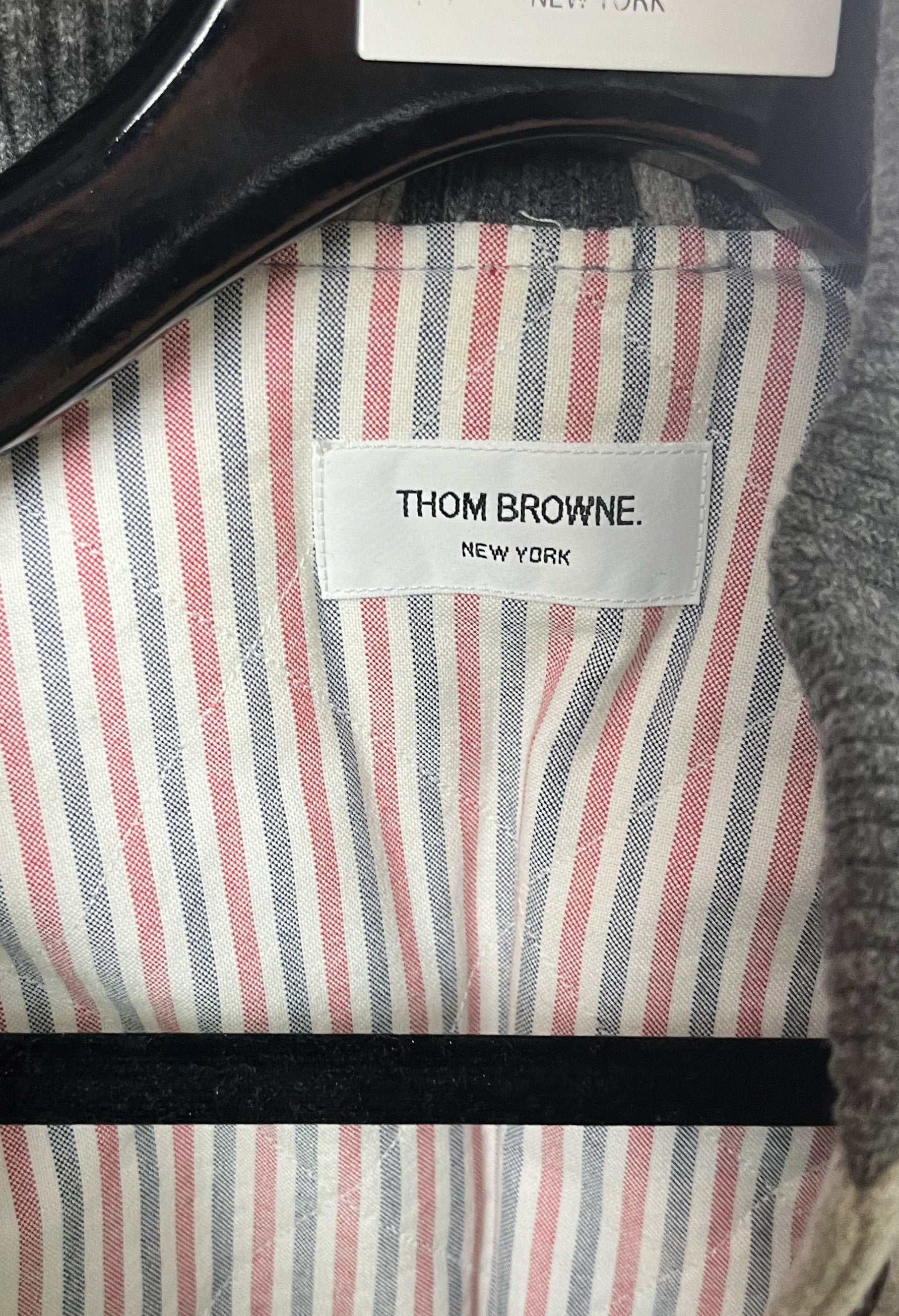 RWB Tricolor Grosgrain Tab on Thom Browne Wool Flannel Varsity Jacket