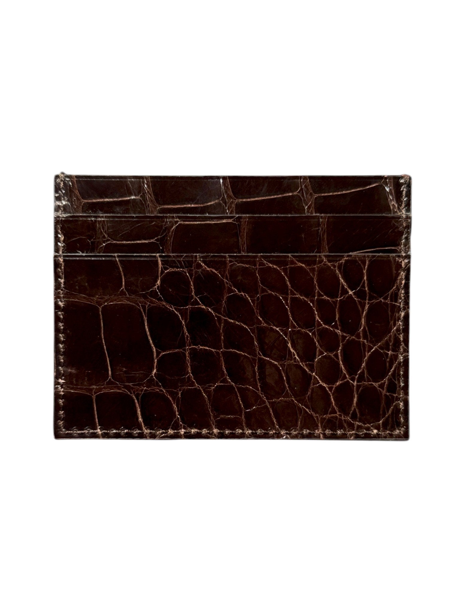Chocolate Brown Crocodile Card Case Glossy Exotic Leather AMAL