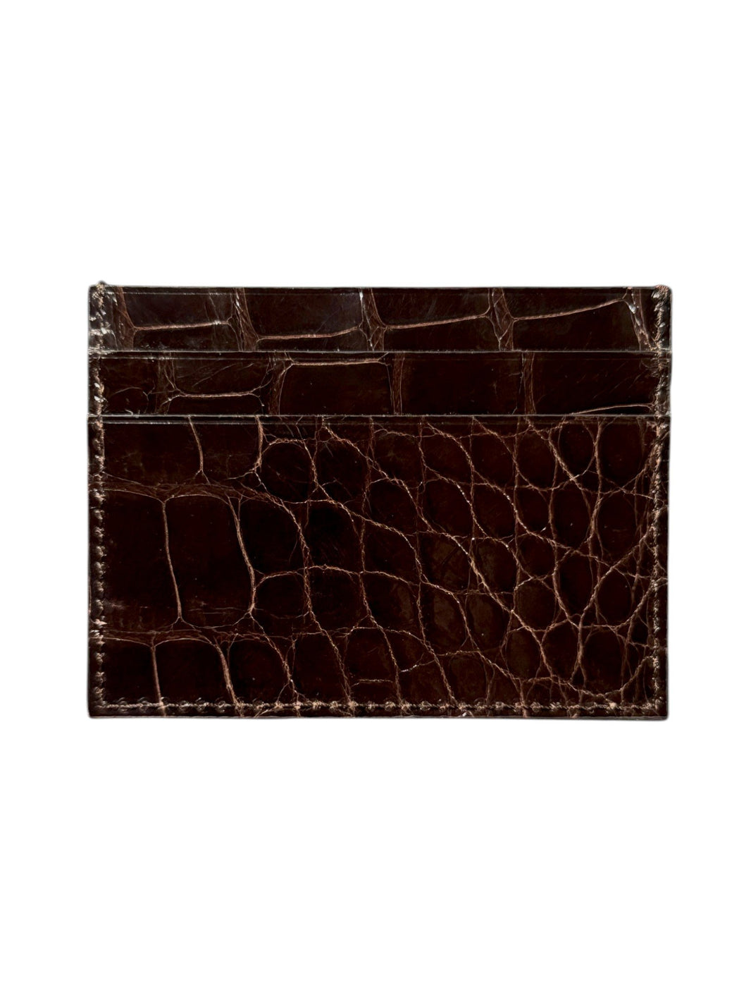 Chocolate Brown Crocodile Card Case Glossy Exotic Leather AMAL