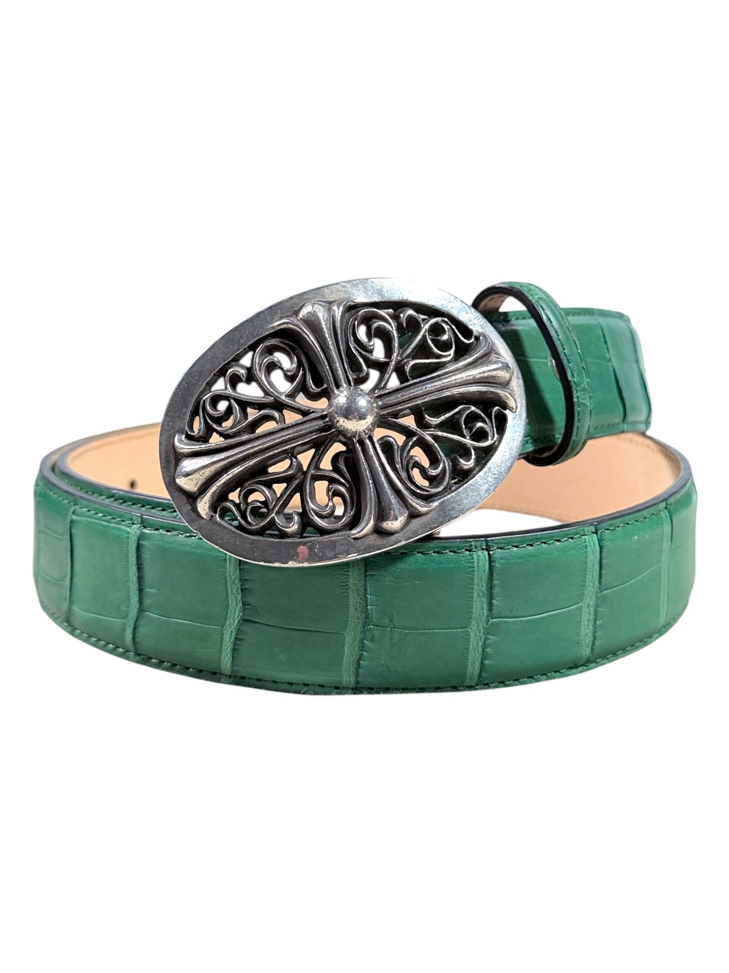 AMAL Green Crocodile Leather Belt Silver Chrome Hearts Buckle