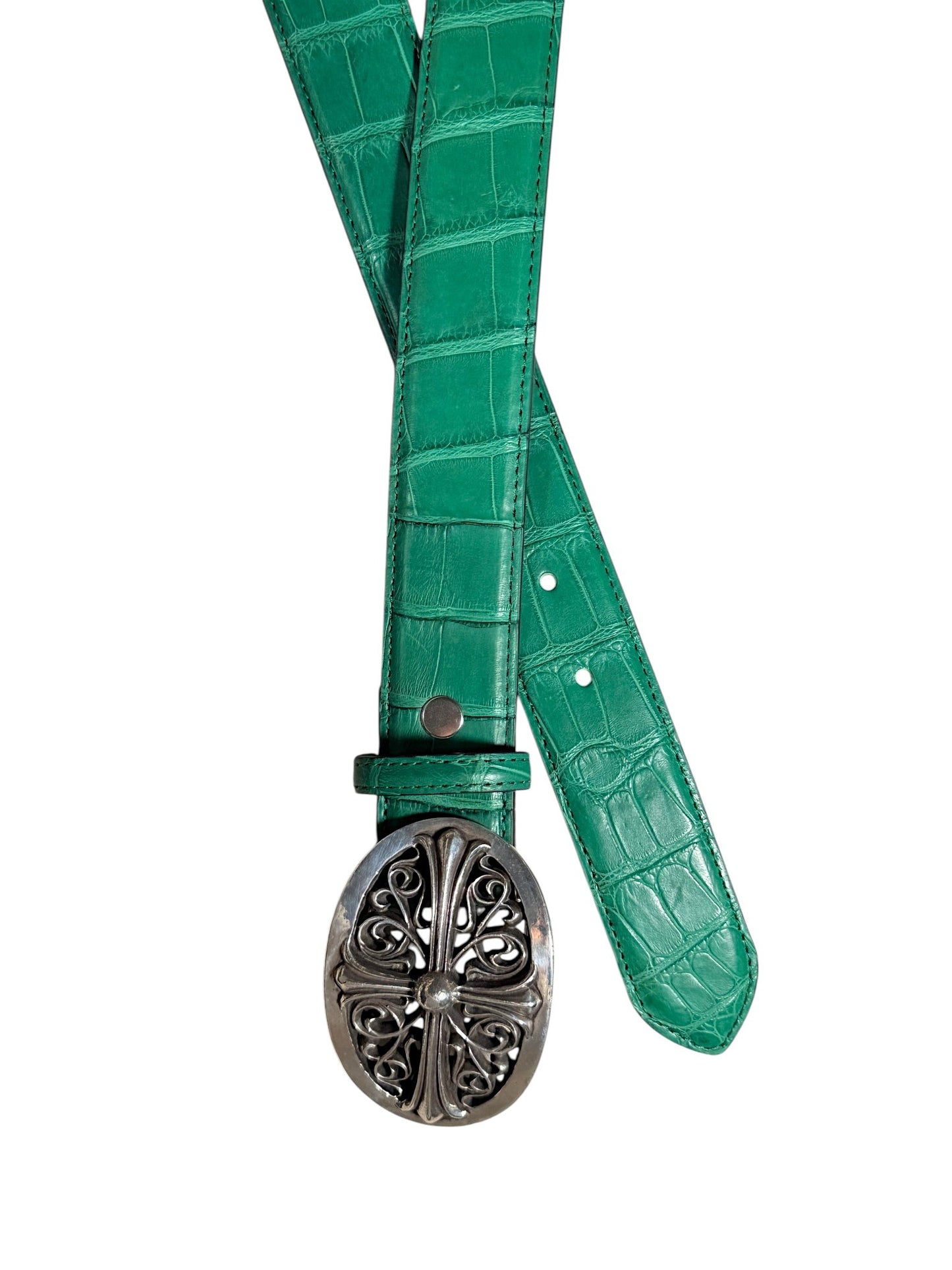 AMAL Crocodile Leather Belt Emerald Green Full Strap Silver Buckle