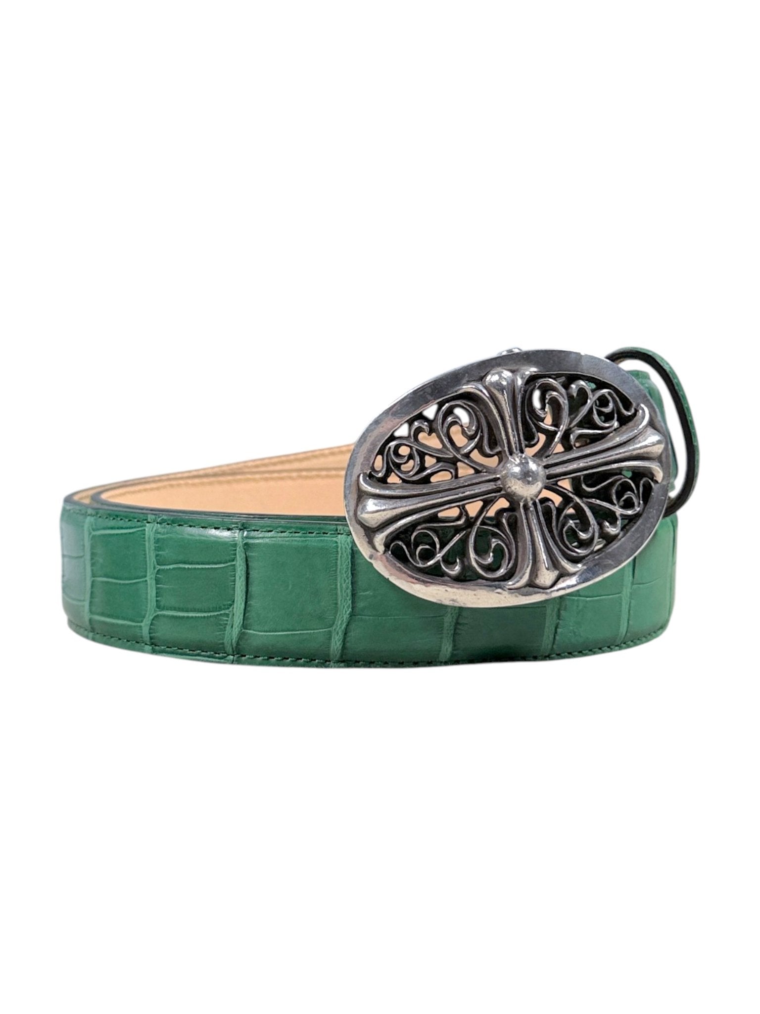 Silver Chrome Hearts Cross Buckle AMAL Crocodile Leather Belt