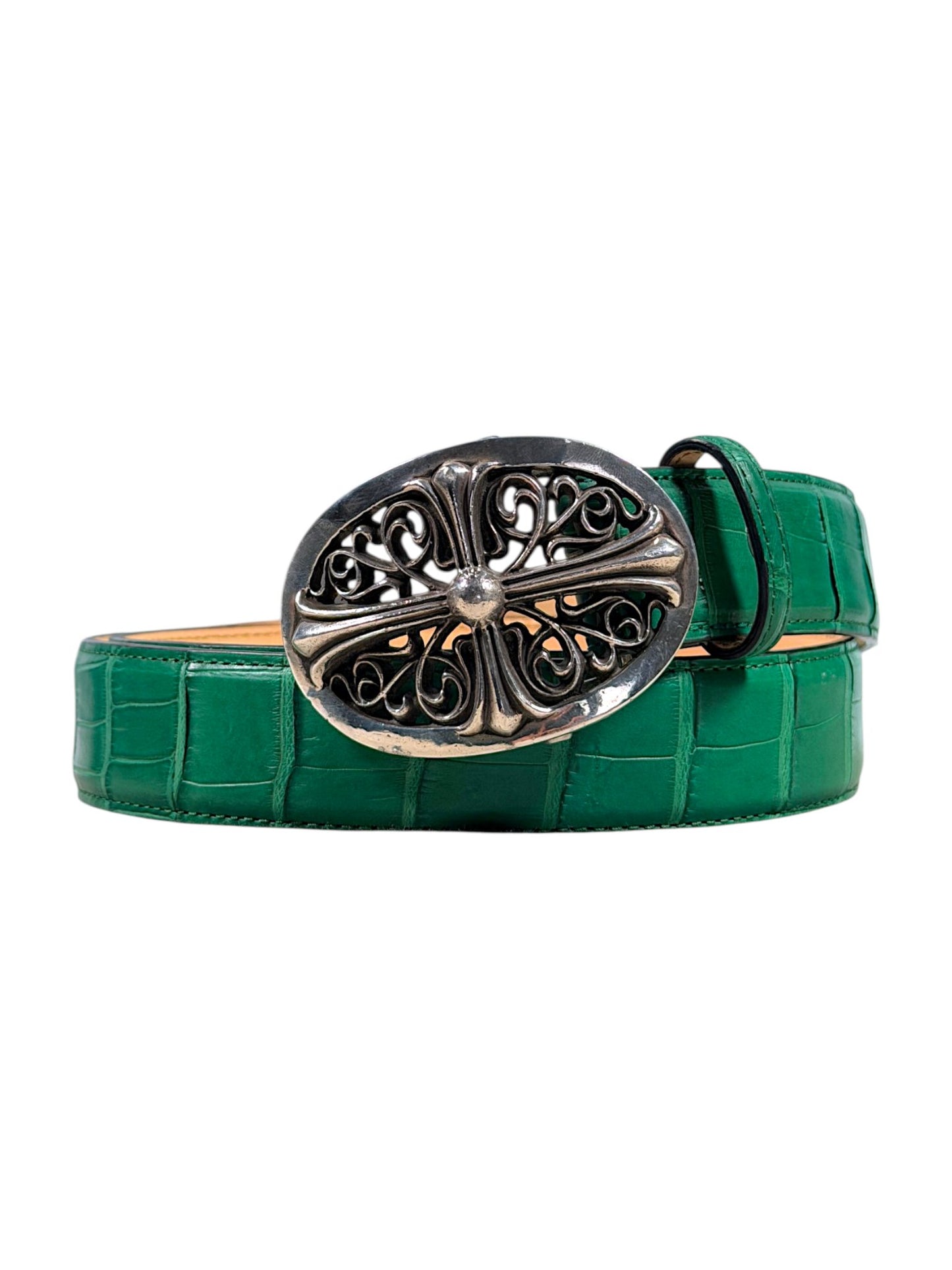 Green Crocodile Belt AMAL Silver Floral Cross Buckle Hardware