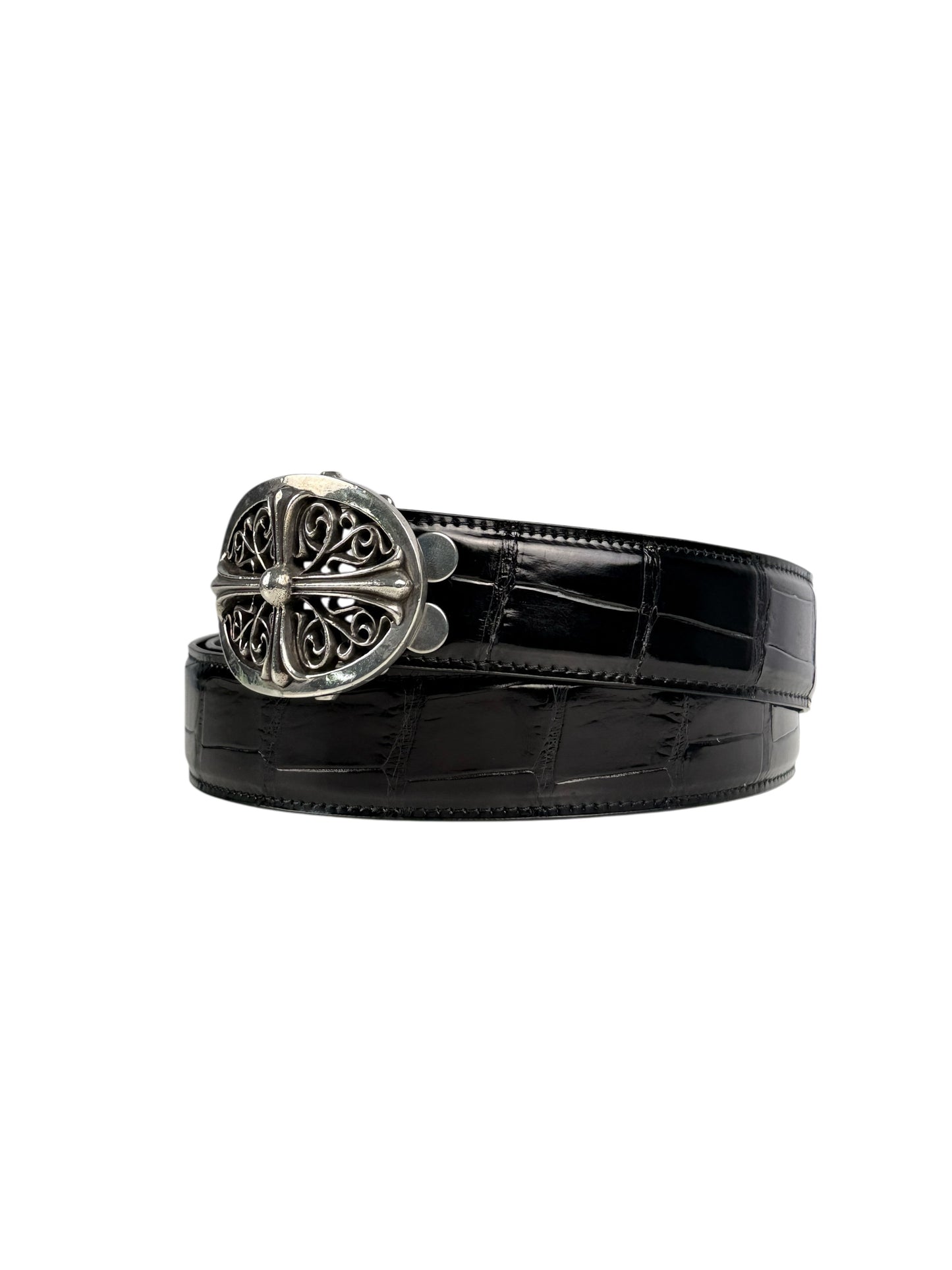 Glossy black crocodile leather belt strap AMAL V2 model