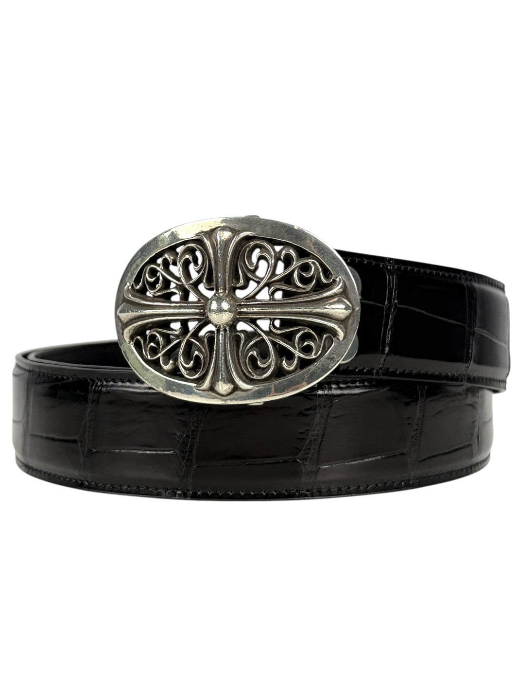 Glossy crocodile scale pattern on AMAL black belt strap