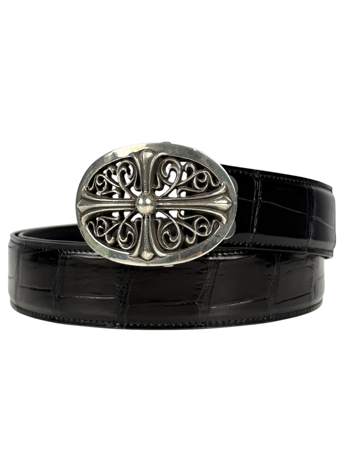 Glossy crocodile scale pattern on AMAL black belt strap