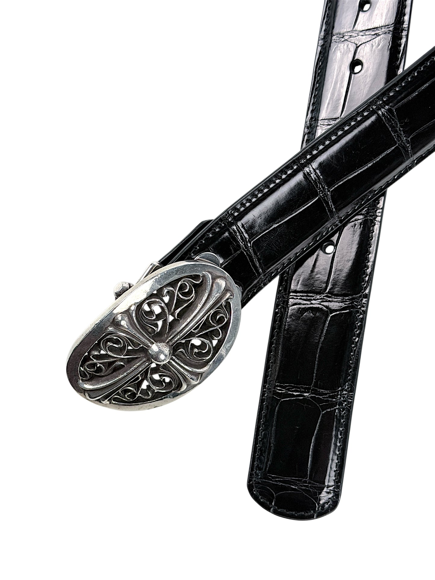Exotic crocodile leather belt strap by AMAL in glossy black