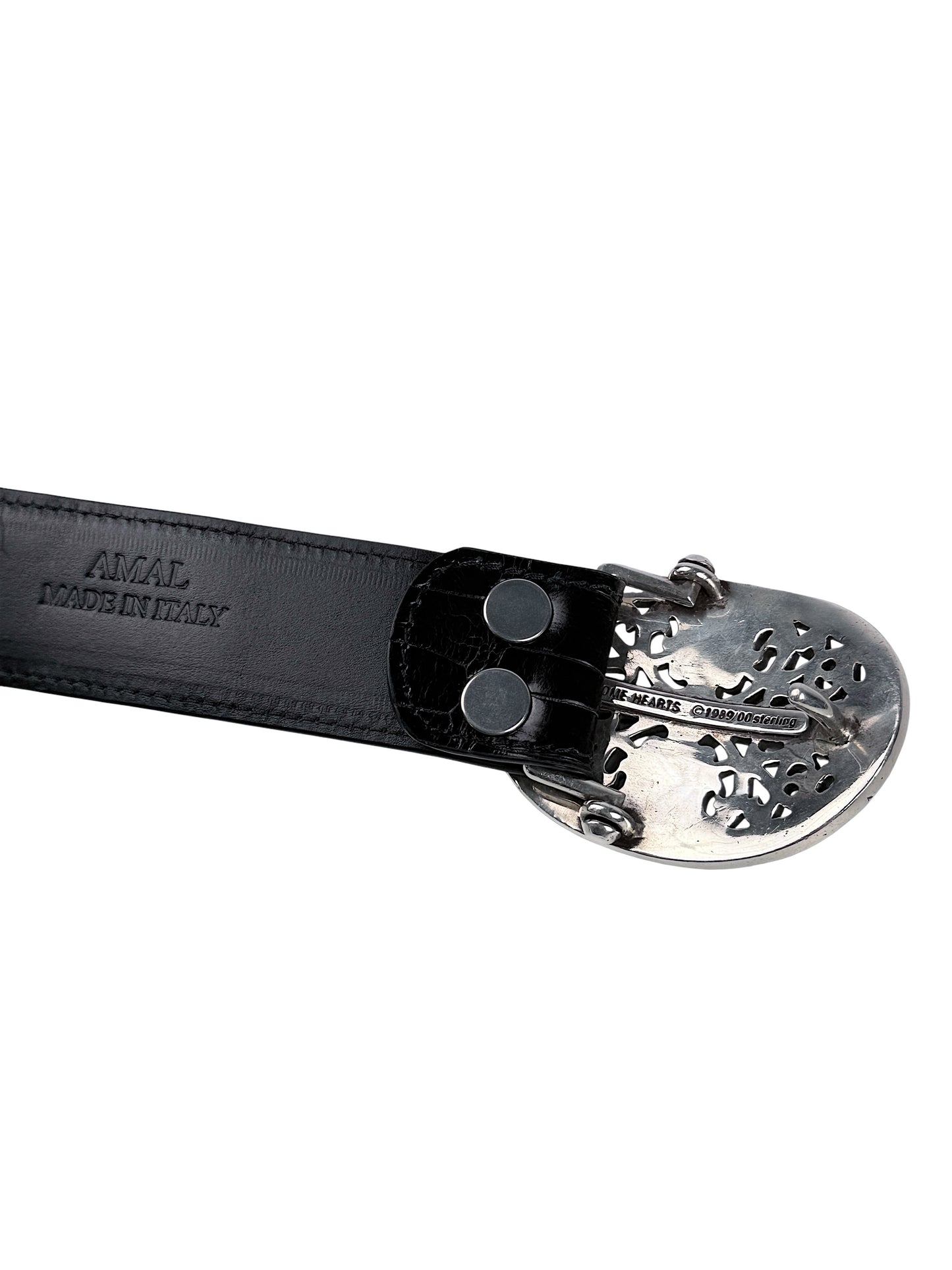 Two snap button interchangeable buckle on AMAL crocodile belt strap