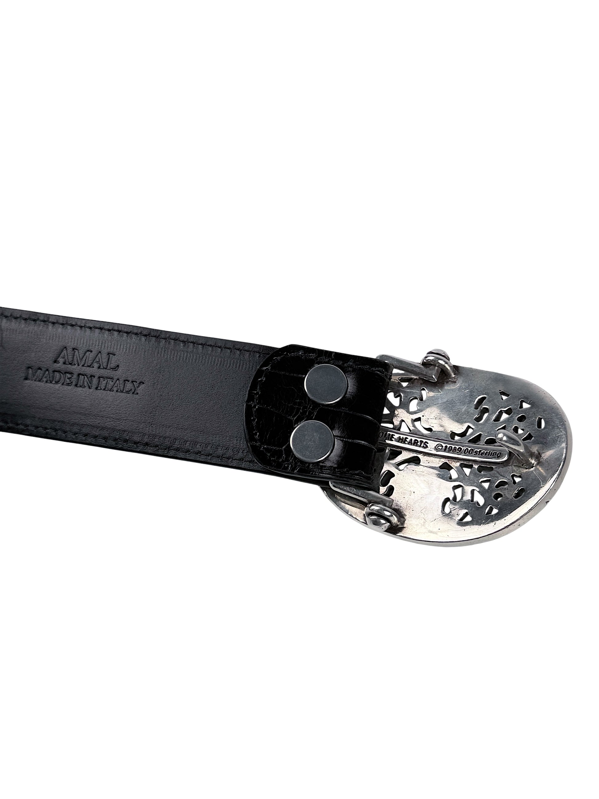 Two snap button interchangeable buckle on AMAL crocodile belt strap