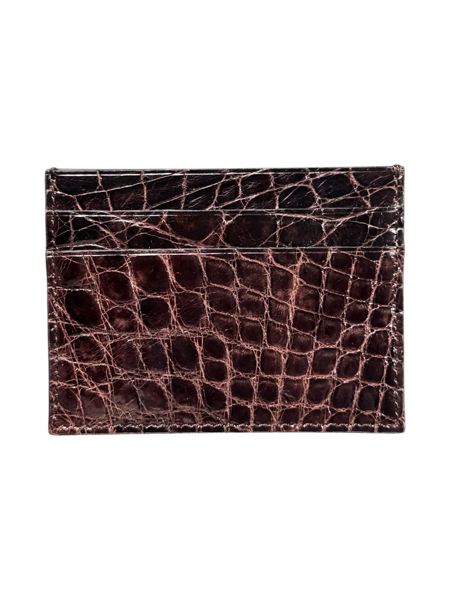 Brown Crocodile Card Holder Glossy Finish Exotic Leather AMAL Italy