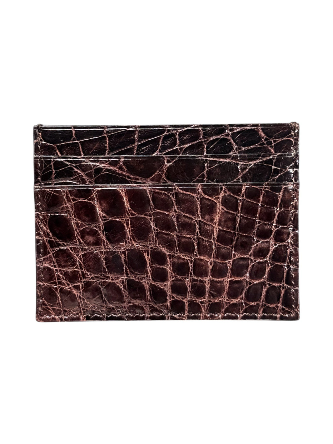 Brown Crocodile Card Holder Glossy Finish Exotic Leather AMAL Italy