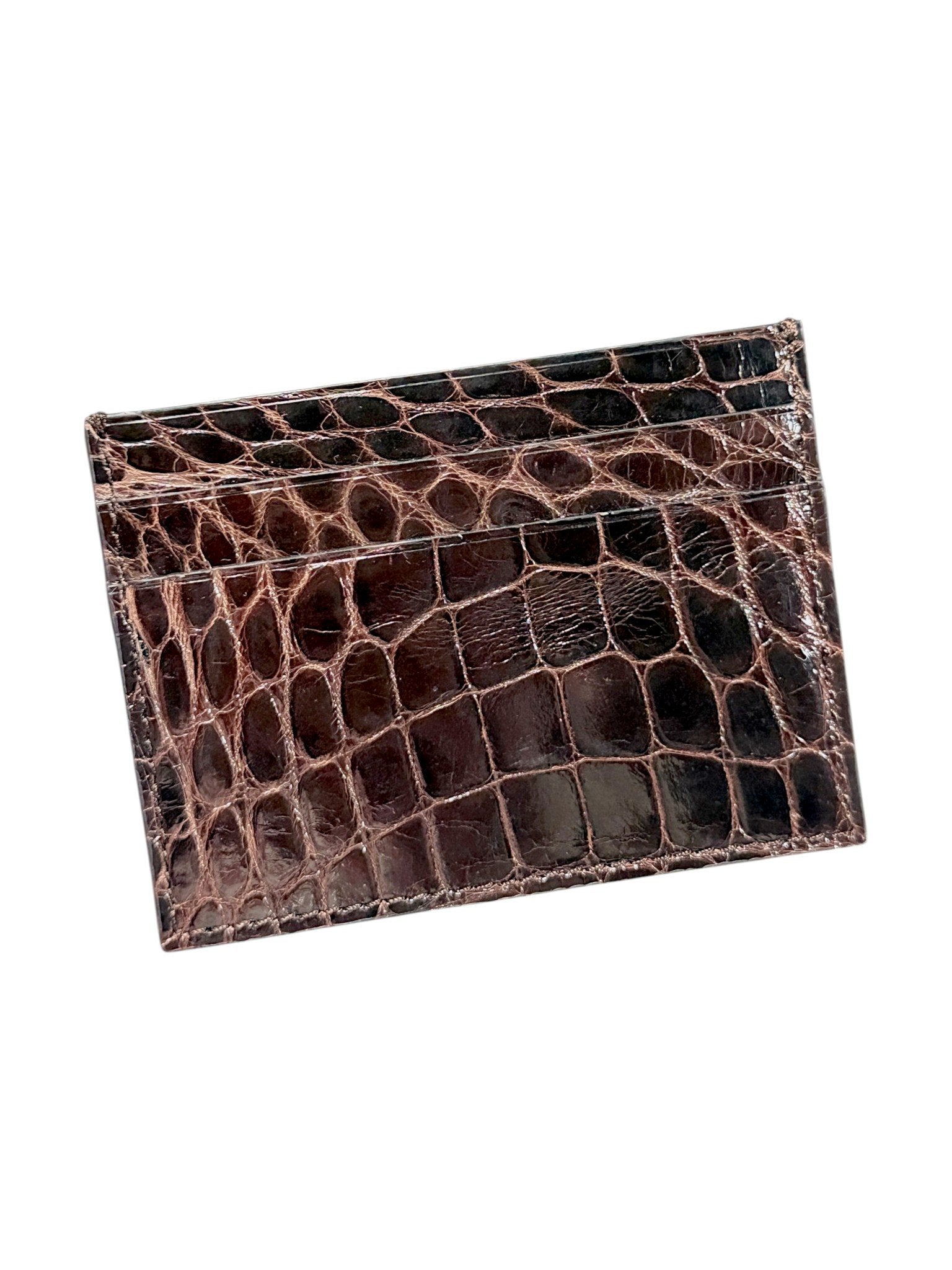 Crocodile Skin Card Holder Brown Glossy Exotic Leather AMAL