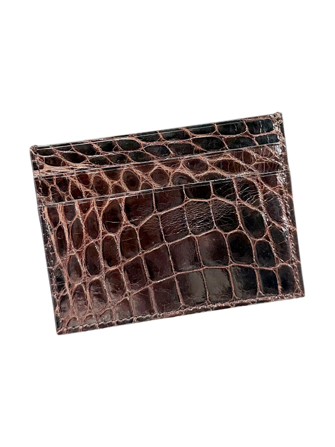 Crocodile Skin Card Holder Brown Glossy Exotic Leather AMAL