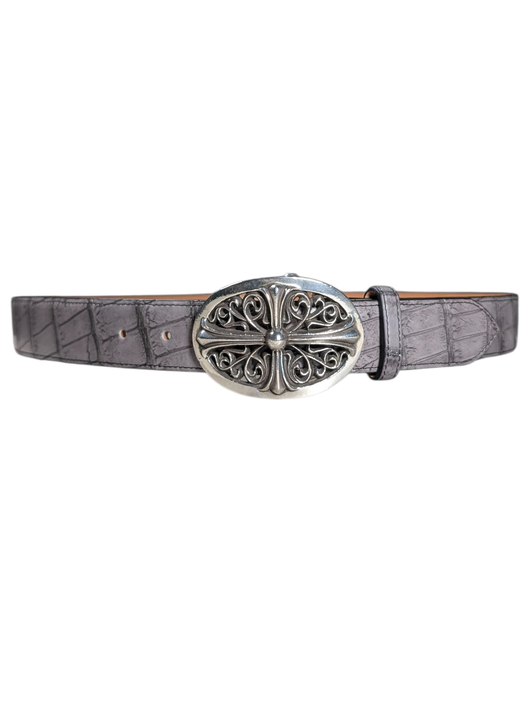 AMAL Exotic Grey Crocodile Leather Belt Strap Sterling Silver Hardware