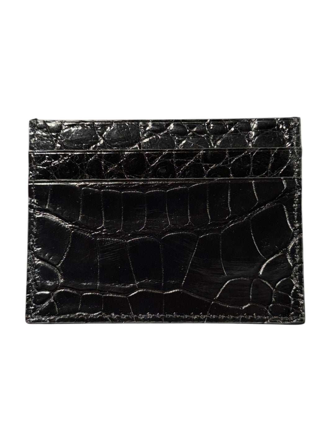 Glossy Black Crocodile Skin Card Holder 5 Slots Exotic Leather AMAL Italy