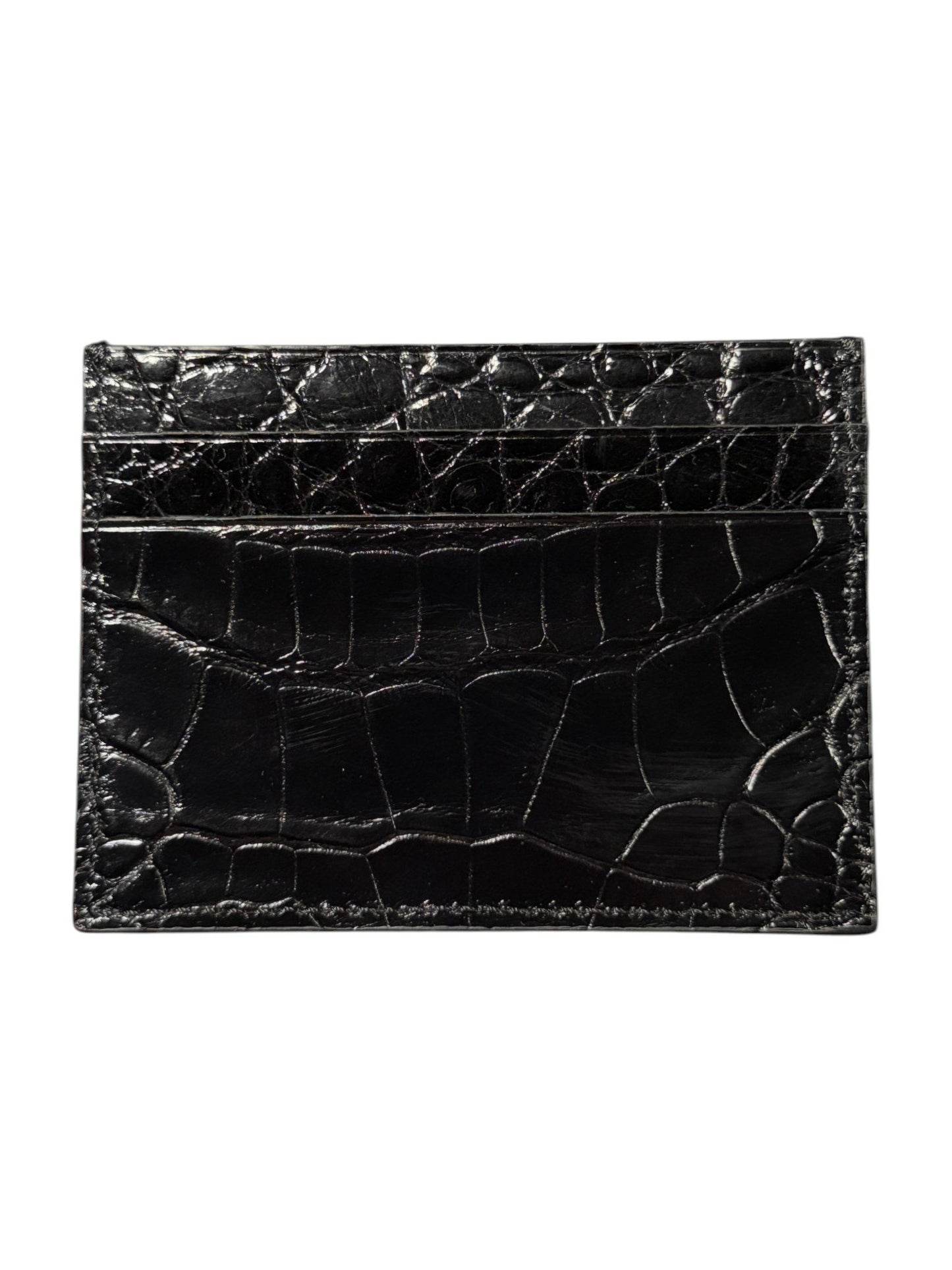 Glossy Black Crocodile Skin Card Holder 5 Slots Exotic Leather AMAL Italy