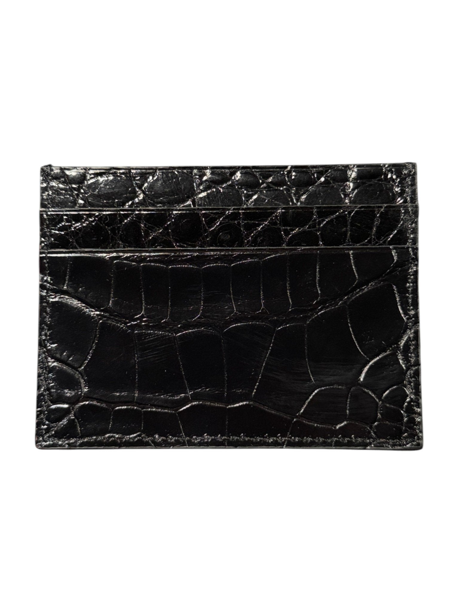 Glossy Black Crocodile Skin Card Holder 5 Slots Exotic Leather AMAL Italy
