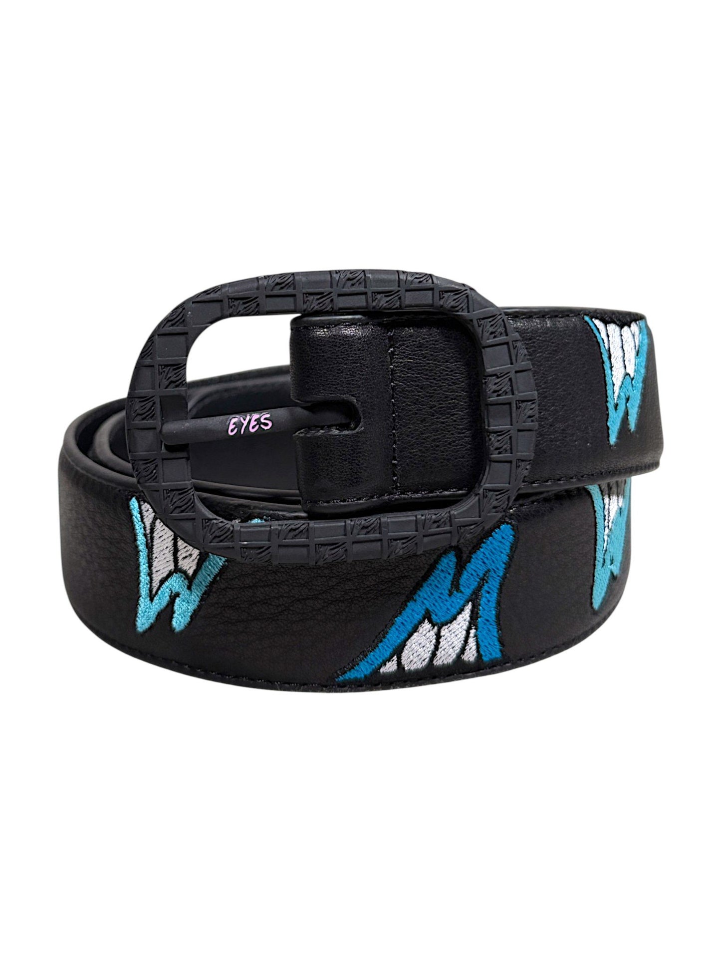 Blue White All-Over Embroidered Chomper Graphic Leather Belt