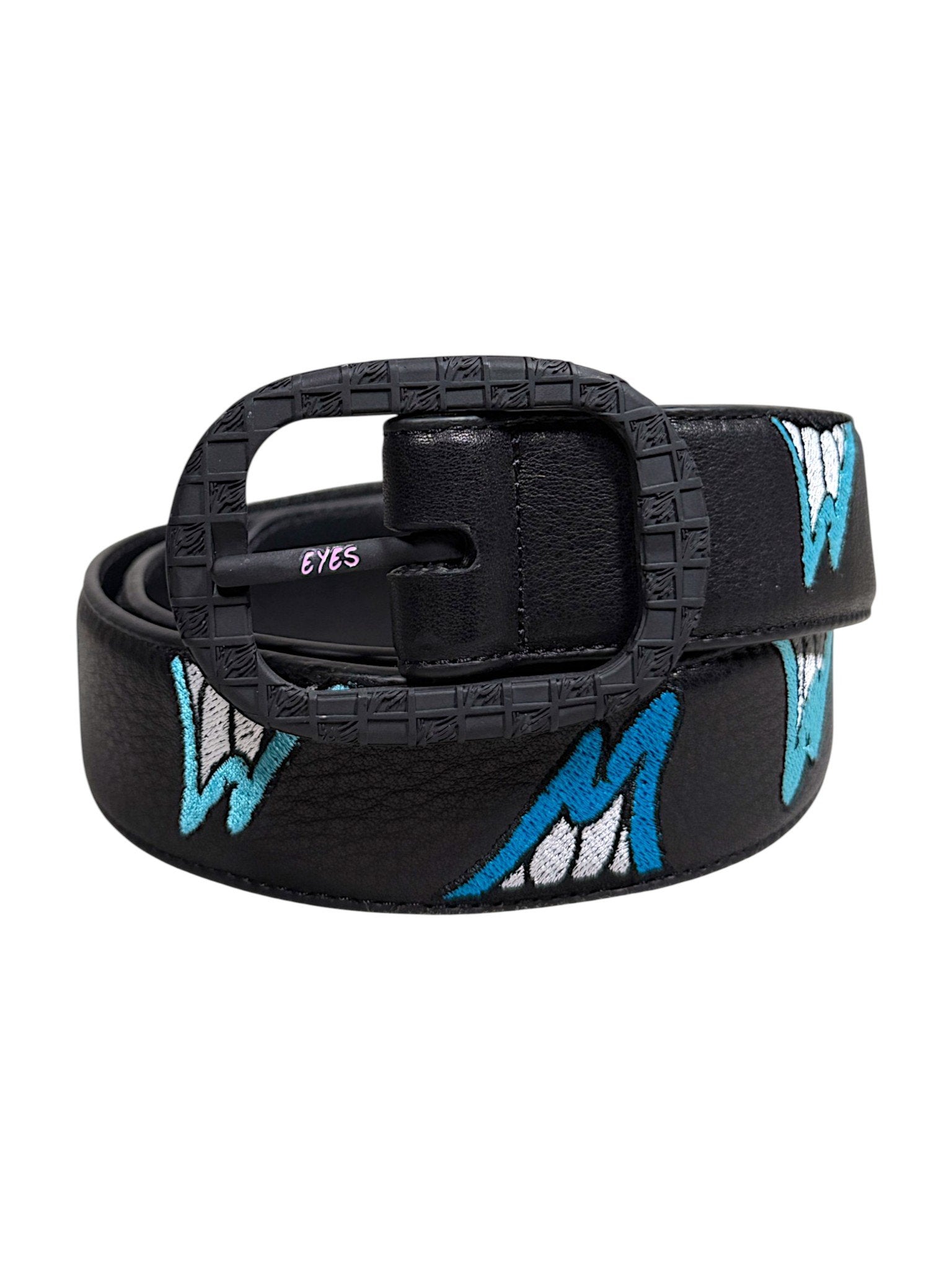 Blue White All-Over Embroidered Chomper Graphic Leather Belt
