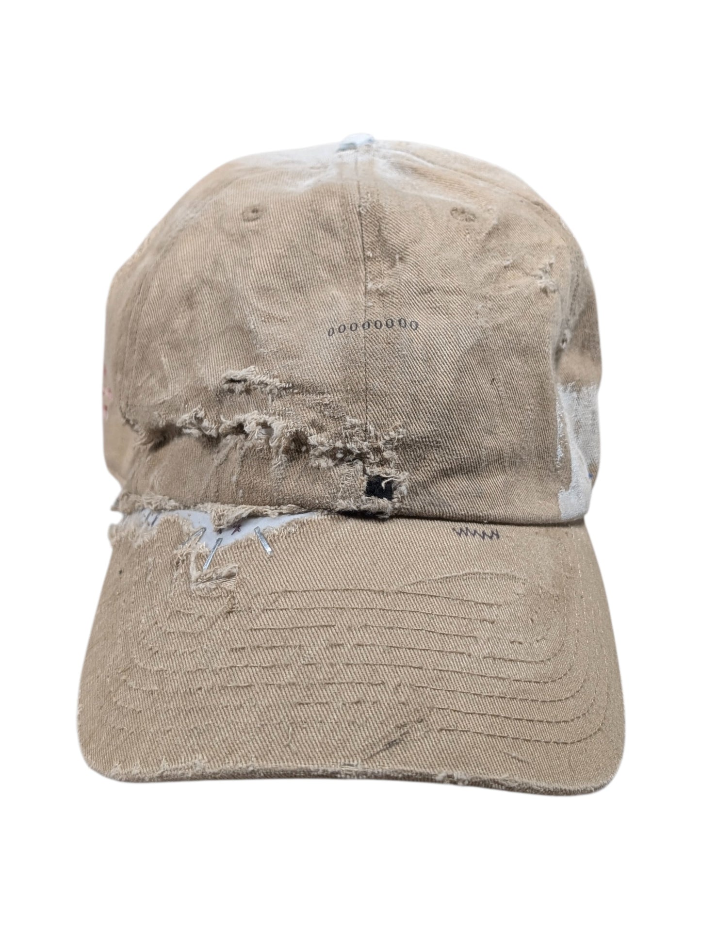 Hand Drawn Repaired Khaki Baseball Cap Hat #99