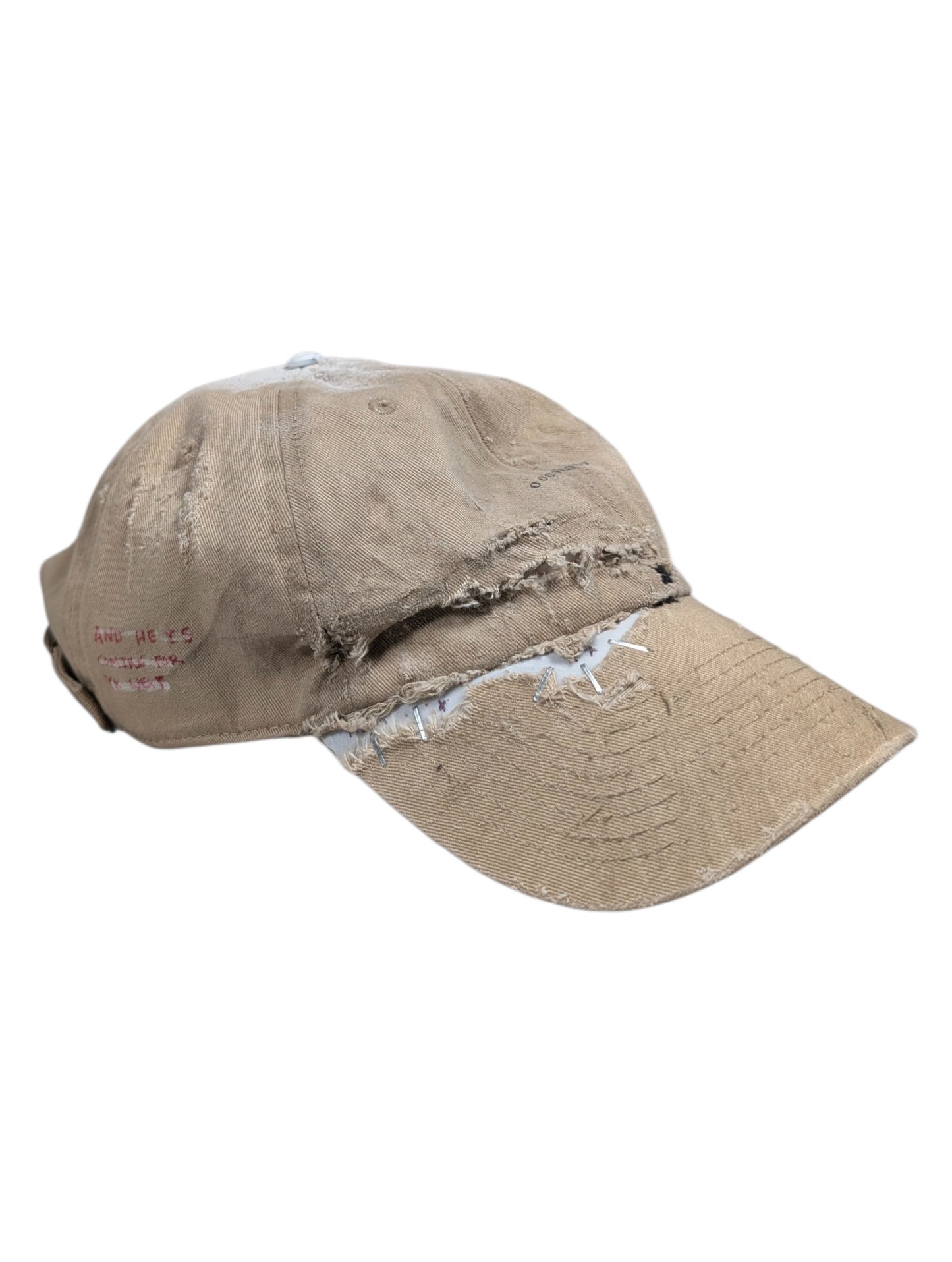 Hand Drawn Repaired Khaki Baseball Cap Hat #99