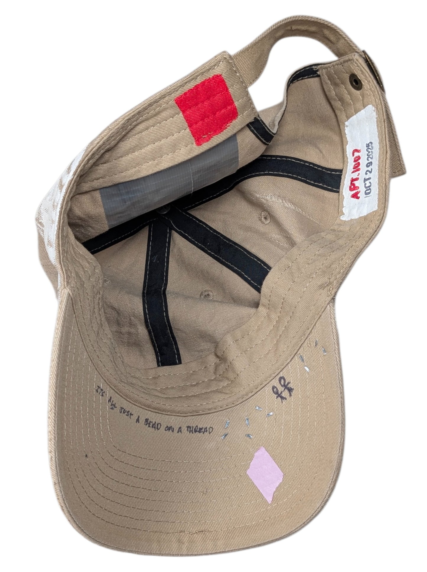 Hand Drawn Repaired Khaki Baseball Cap Hat #99