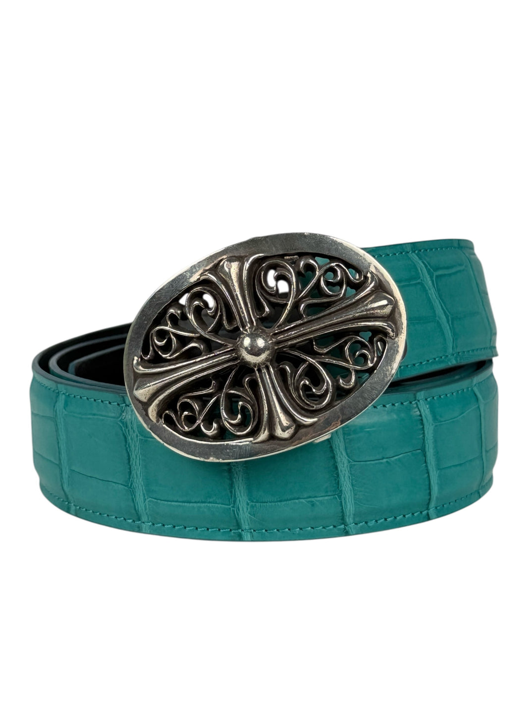 Matte crocodile scale pattern on AMAL aqua belt strap