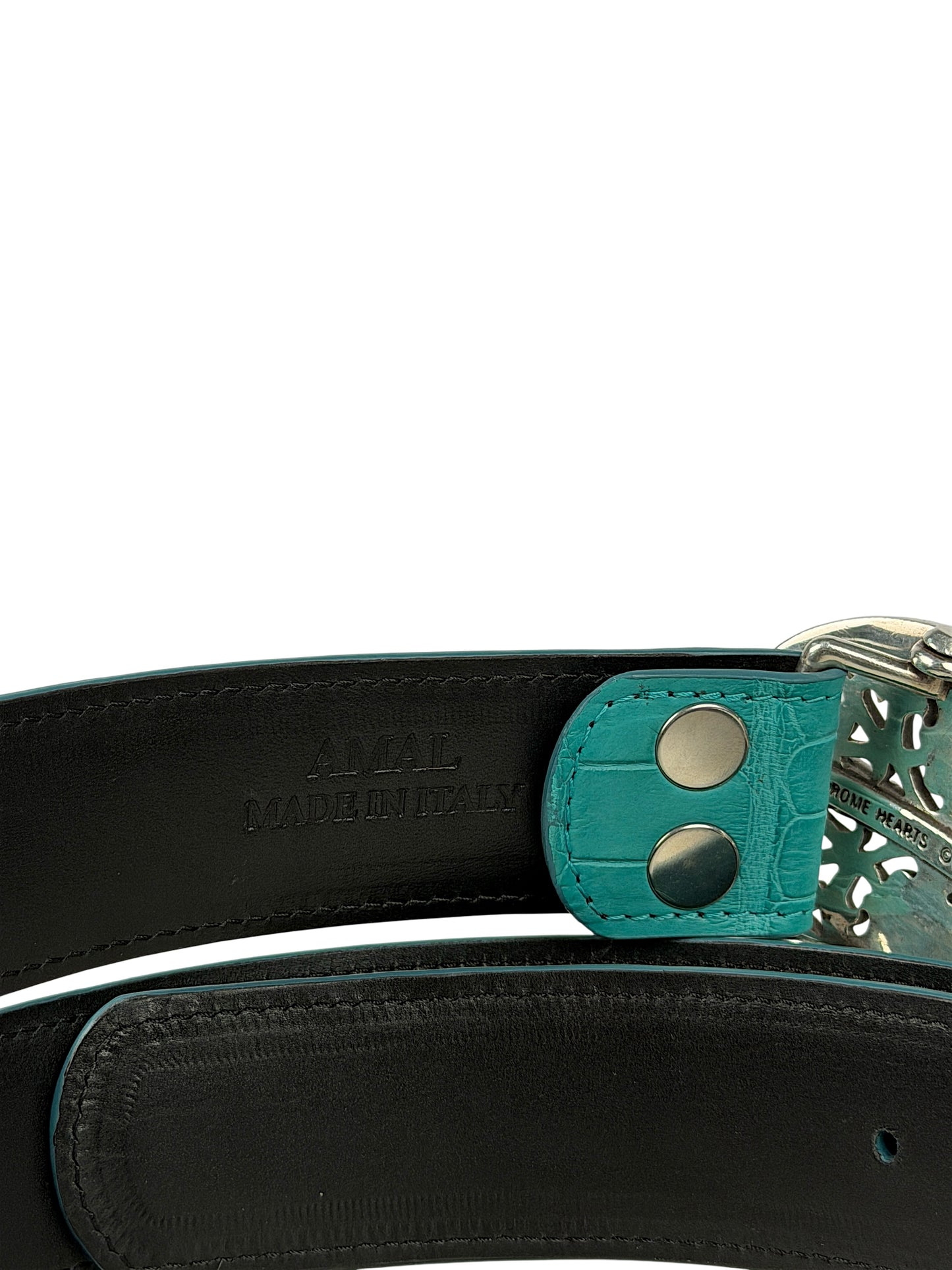 AMAL V2 belt strap shown with Chrome Hearts oval cross buckle