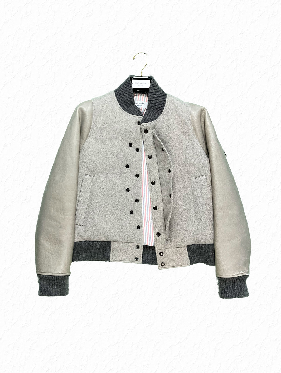Thom Browne Grey Wool Flannel Varsity Jacket with Cream Leather Sleeves